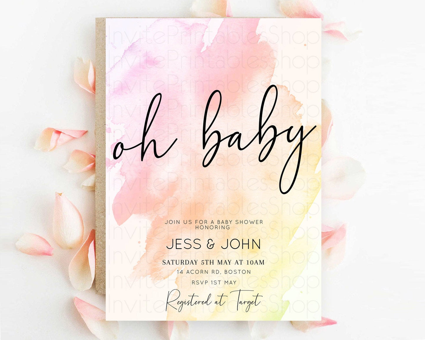 Pink Baby Shower Invitation Pink Watercolor Baby Shower Invitation Pastel Pink Watercolor Invitation Pink Splash Gold Invitation D10167