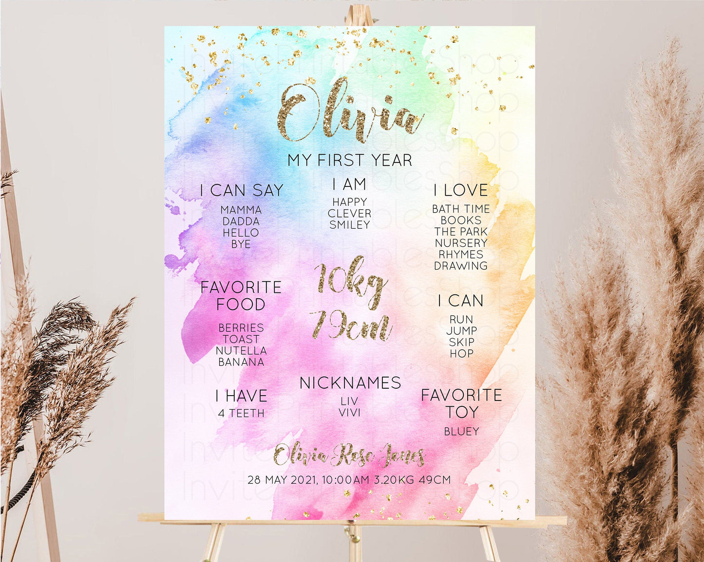 Pastel First Birthday Milestone Board Pastel Rainbow Milestone Poster Watercolor Glitter One Year Poster Colorful Splash Baby 1st Year g504