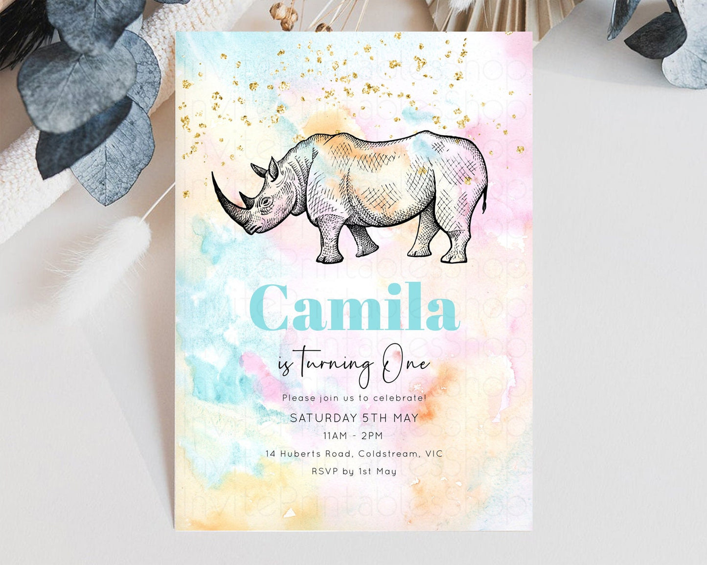 Pastel Rhinoceros Birthday Invitation Pastel Rhino Invite Rainbow Rhino Invitation Colorful Watercolor Invite Safari Zoo Glitter Invite W286