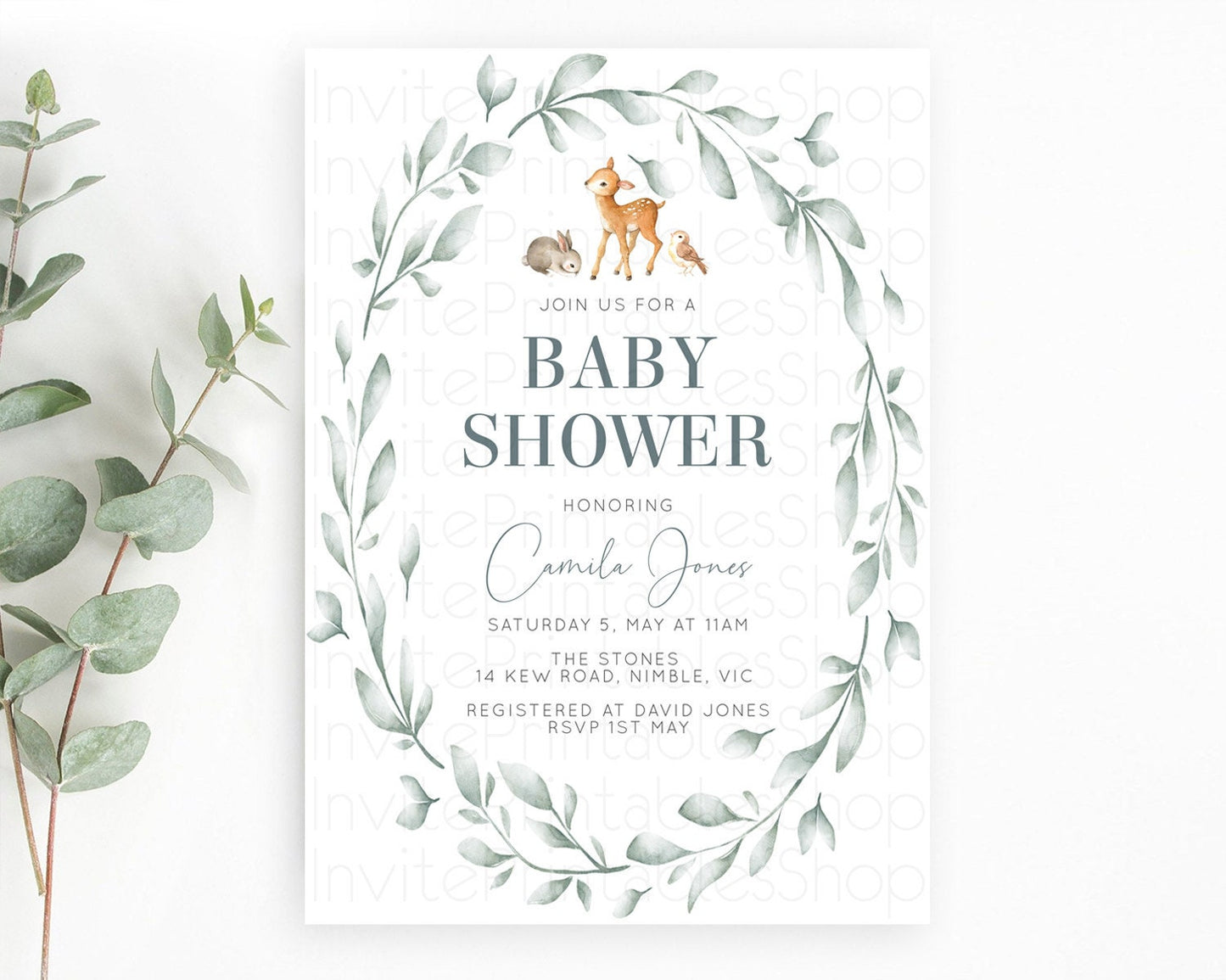 Fawn Baby Shower Invitation, Enchanted Forest, Whimsical Deer, Cute Bunny And Bird, Woodland, Leafy Crown, Organic Green Tone D10872