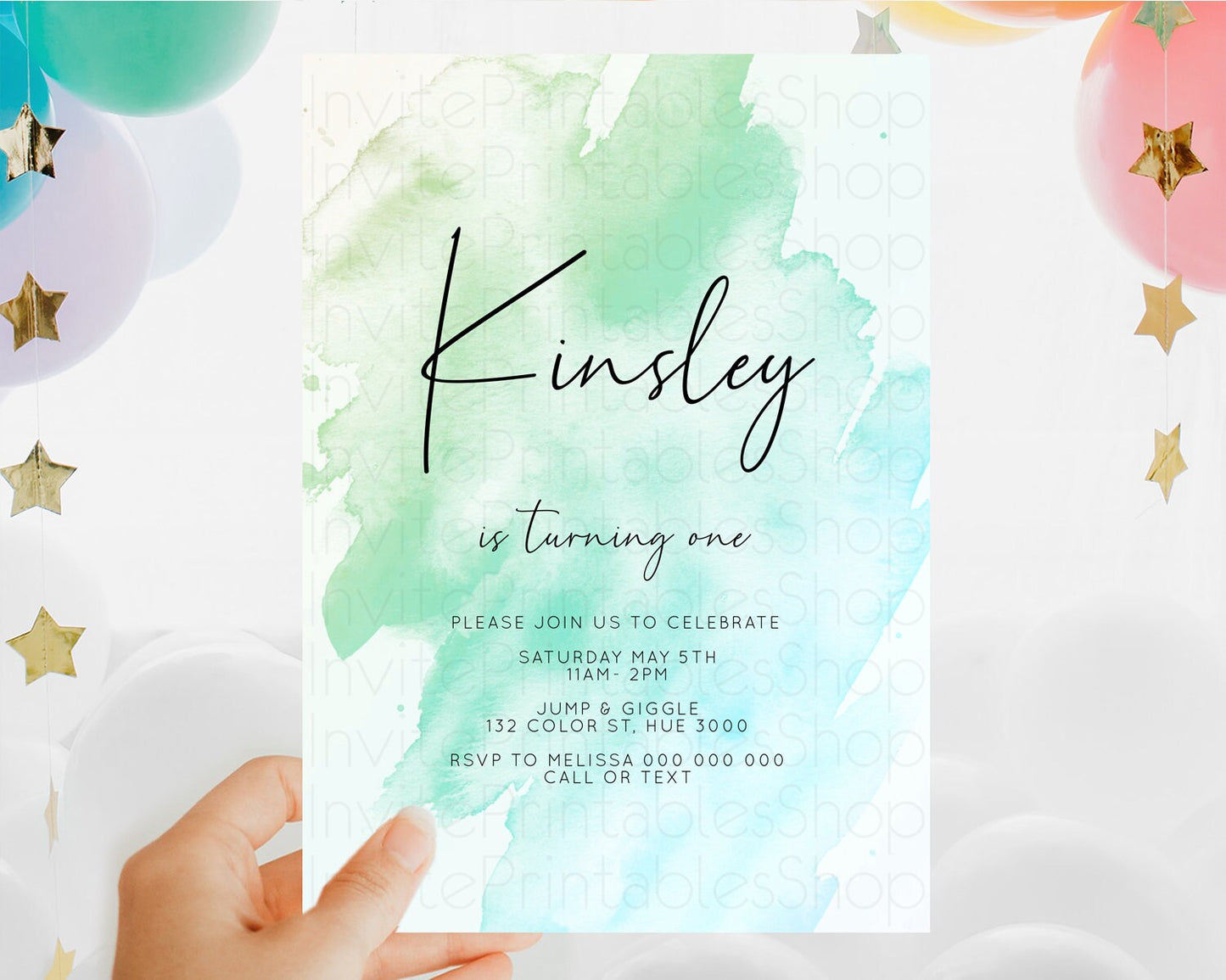 Green Birthday Invitation green Watercolor Invitation Pastel green Watercolor Invitation green Splash Gold Invitation First Birthday D10166