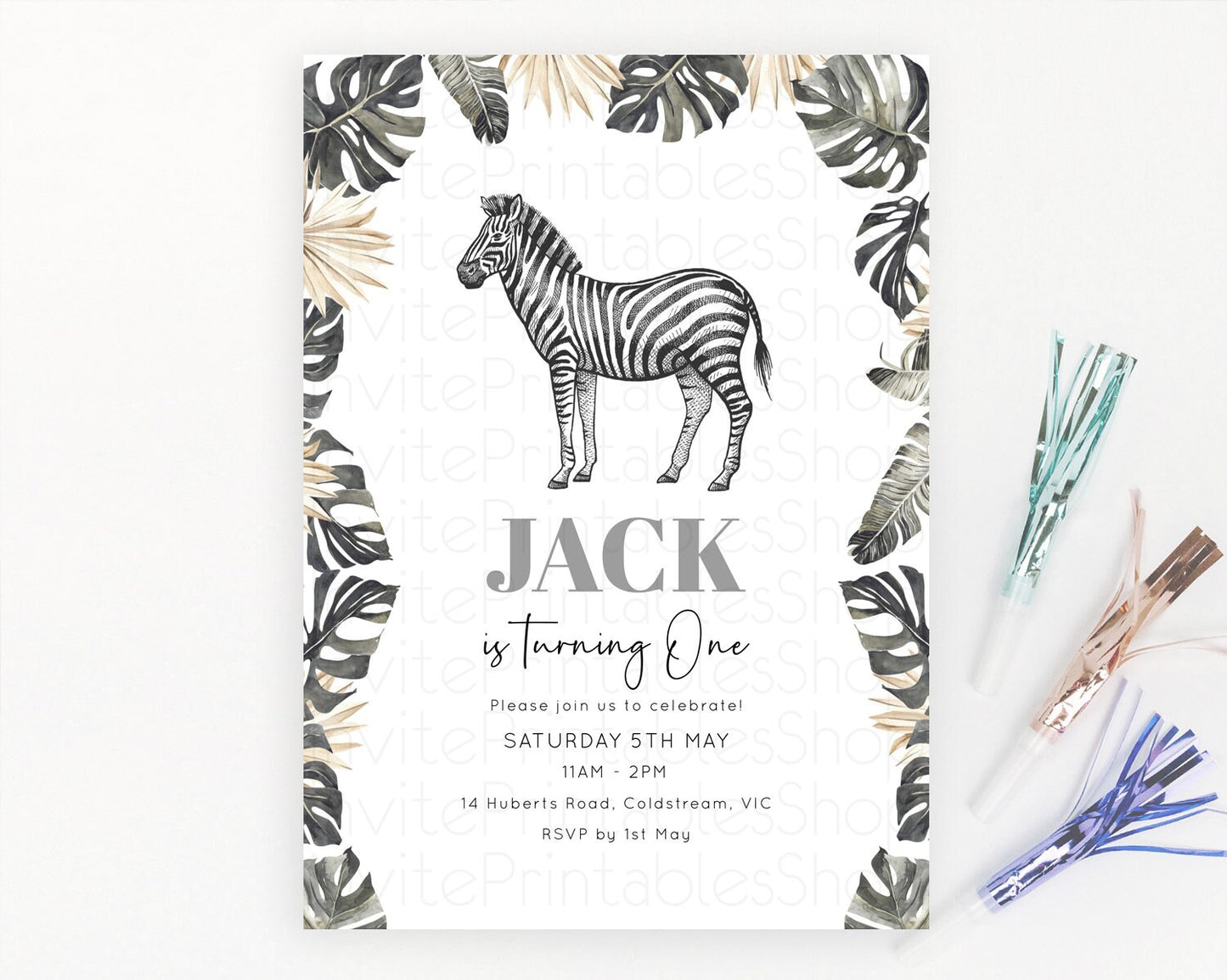 Zebra Birthday Invitation Zebra Invite Jungle Safari invite Watercolor Tropical Palm Invite Adventure Zoo Party Wild Animal Party D10824