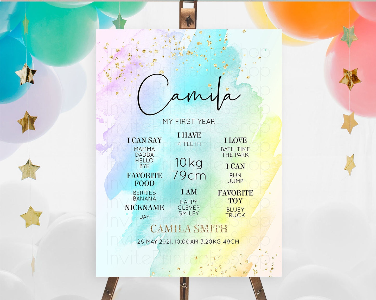 Pastel First Birthday Milestone Board Pastel Rainbow Milestone Poster Colorful Confetti Watercolor Glitter 1st Birthday Welcome Sign D10171