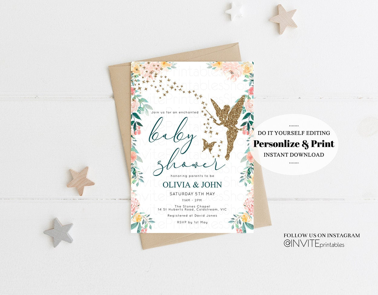 Fairy Baby Shower Invitation Enchanted Baby Shower Tinkerbell Gold Glitter Pixie Sprinkle Twinkle Stars Fairytale Pastel Watercolor Flowers