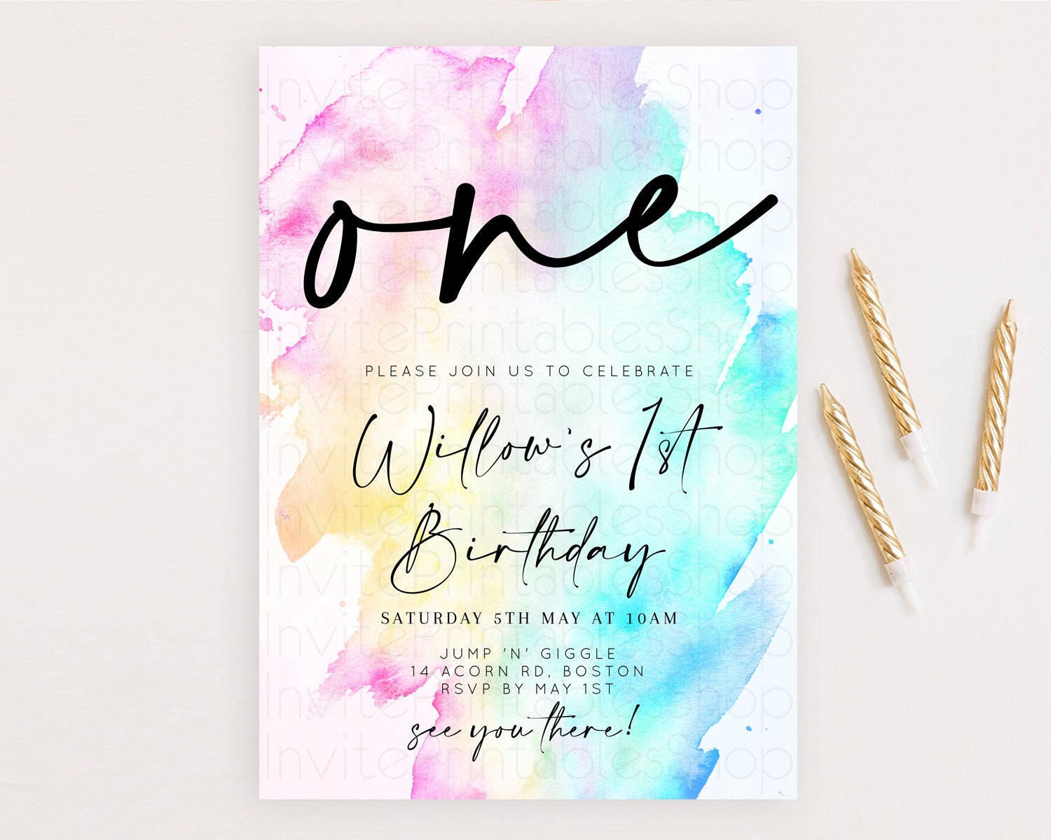 Editable Rainbow Birthday Invitation Colorful Pastel Watercolor Invitation G