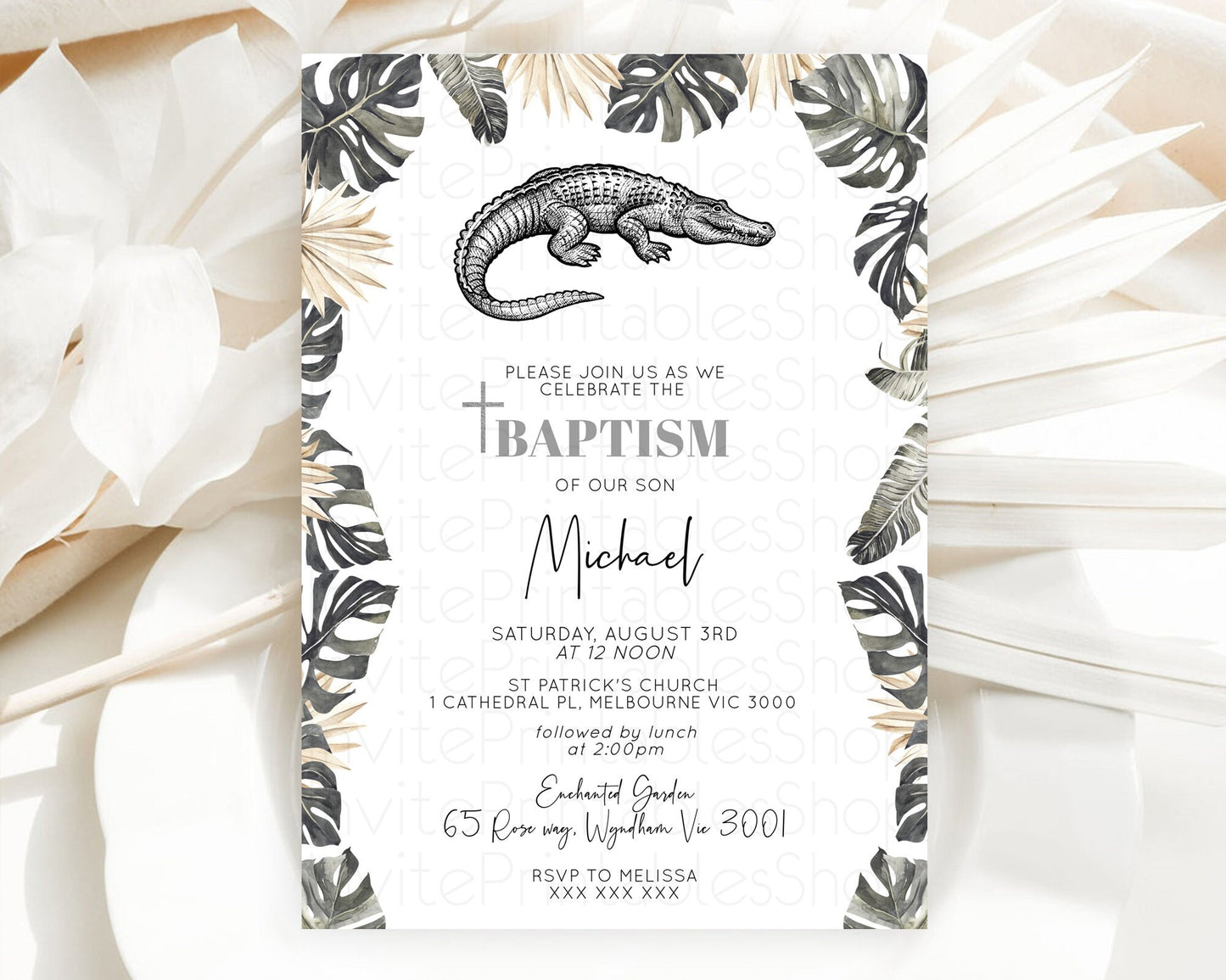 Crocodile Baptism Invitation Alligator Baptism 1st Birthday Invitation Later Alligator Swamp Safari Crocodile Christening Invitation D10830