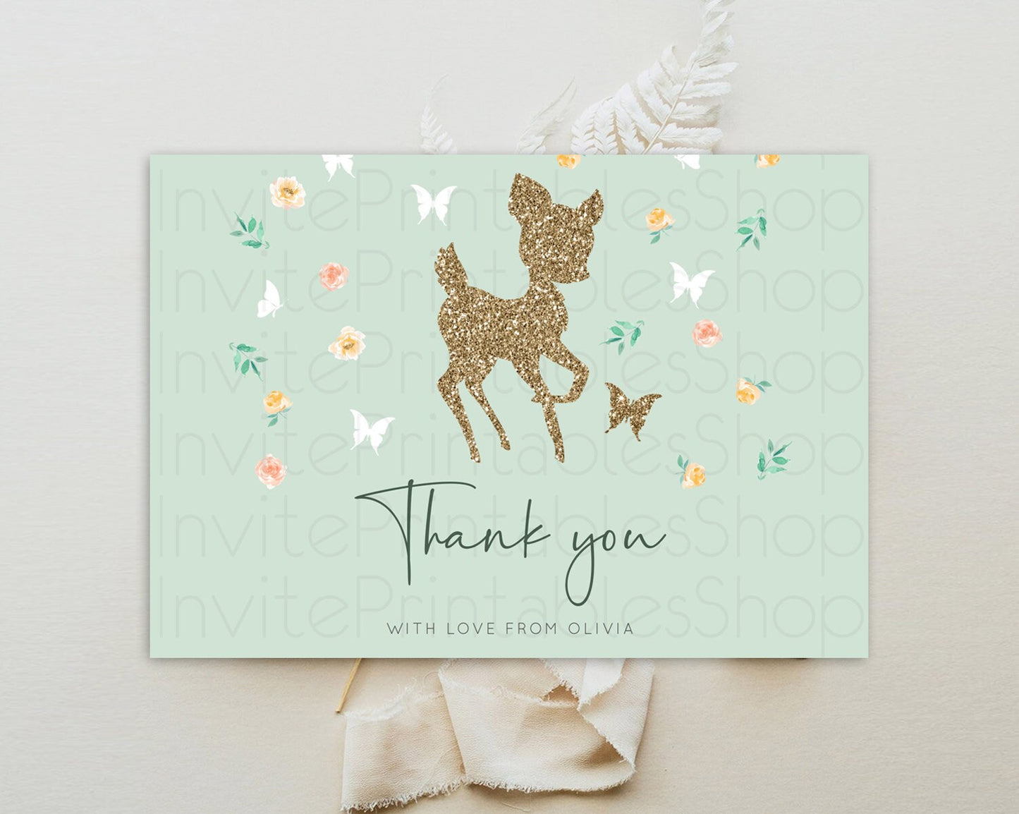 Fawn Thank You Deer Thank You Card Pastel Floral Deer Birthday Thank You Card Enchanted Forest Butterfly Deer Teacher Thank You Card D10385