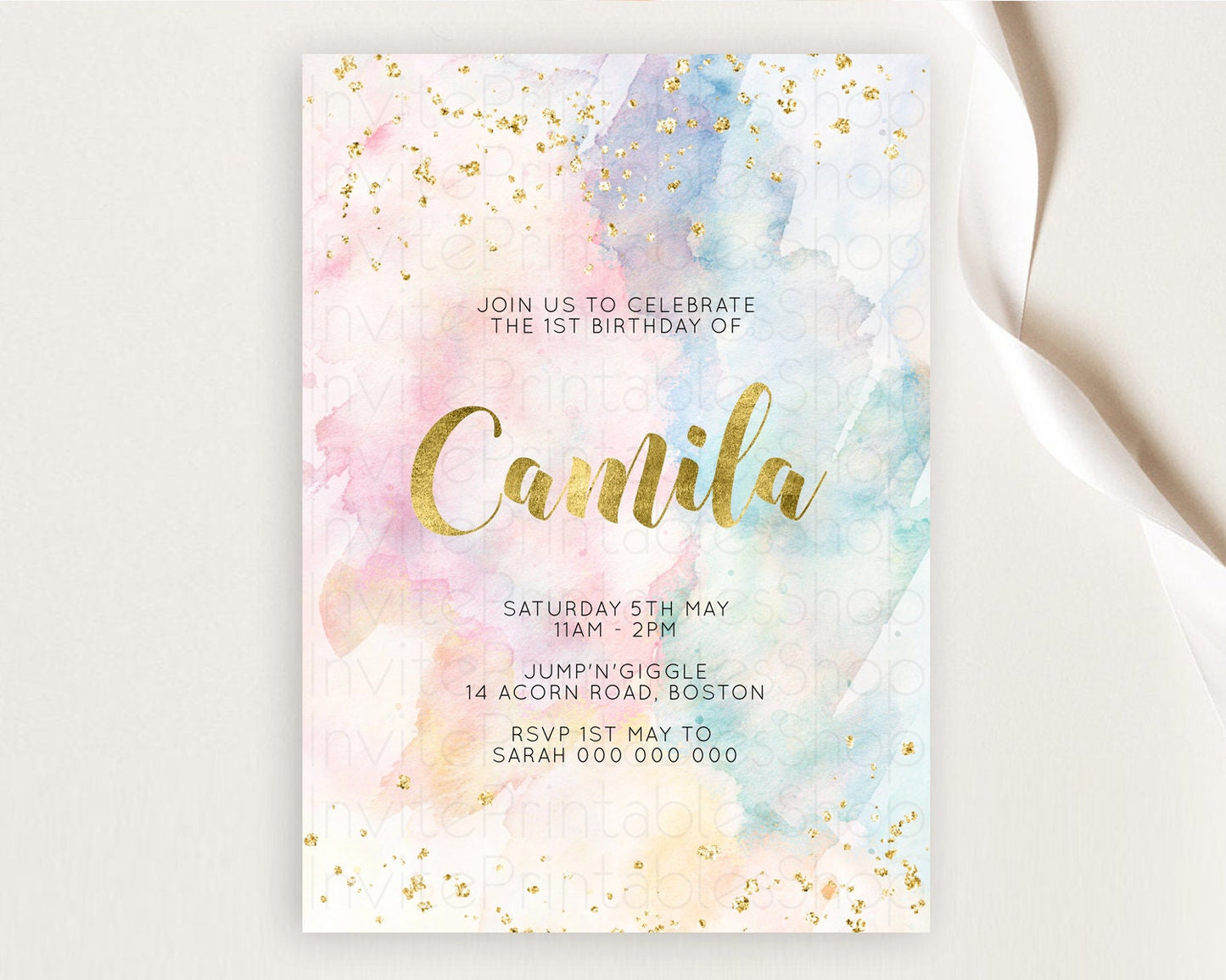 Rainbow Birthday Invitation Colorful Pastel Watercolor Invitation Gold Glitter Sprinkles Ombre Pastel 1st 2nd 3rd Birthday D10265