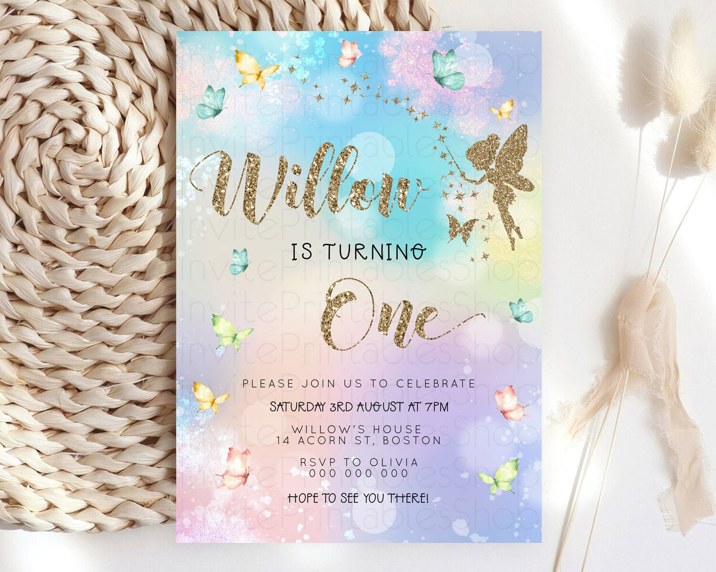 Pastel Fairy Birthday Invitation Pastel Butterflies Fairy Birthday Invitation Rainbow Ombre Watercolor 1st 2nd Birthday Invitation D23165