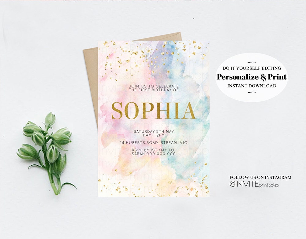 Rainbow Birthday Invitation Colorful Watercolor Gold Glitter Sprinkles Ombre Pastel Invitation Printable Editable Invite 1st 2nd 3rd 276