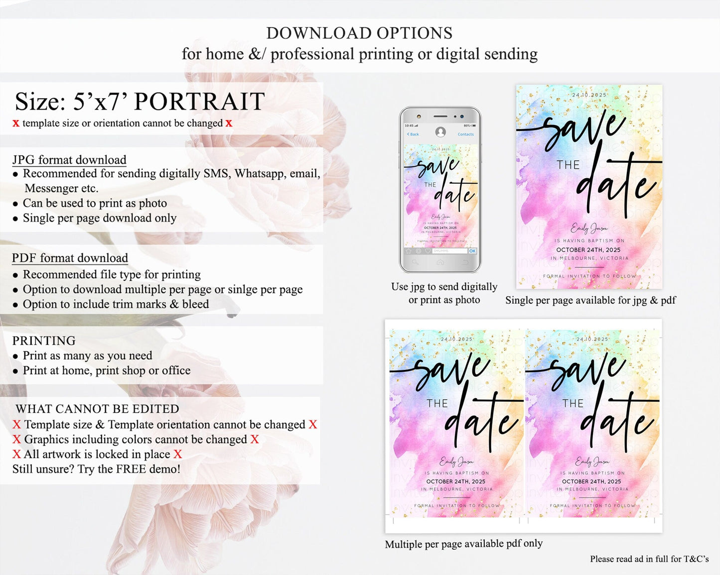 Pastel Save The Date Template Pastel Ombre Rainbow Watercolor Colorful Party For Birthday Baptism Baby Shower Wedding Bridal Shower D10449