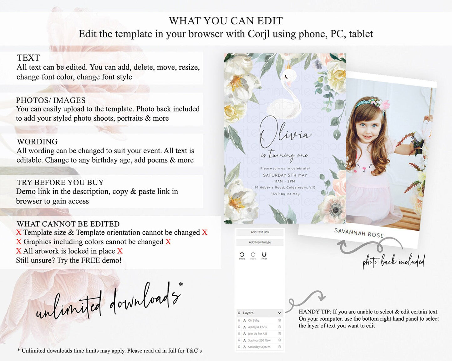 Swan Birthday Invitation Swan Princess Ballet Invitation Enchanted Forest Swan Lake Party Secret Garden Watercolour Pastel Floral D10756
