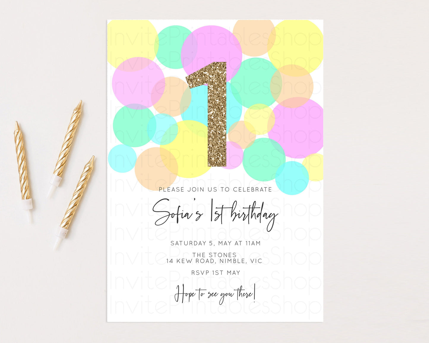 Bubbles Birthday Invitation Rainbow Confetti Invite Pastel Sprinkles Invite Pastel Colorful Art Fun Simple Birthday Invite 1st 2nd 3rd