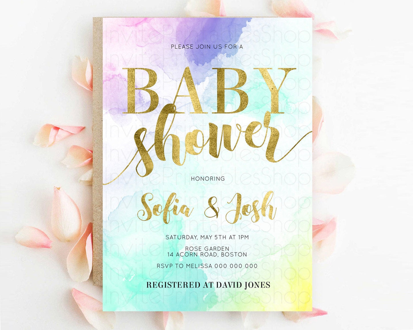 Pastel Baby Shower Invitation Rainbow Baby Shower Invitation Colorful Pastel Watercolor Invitation Gold Glitter Sprinkles Ombre D11024