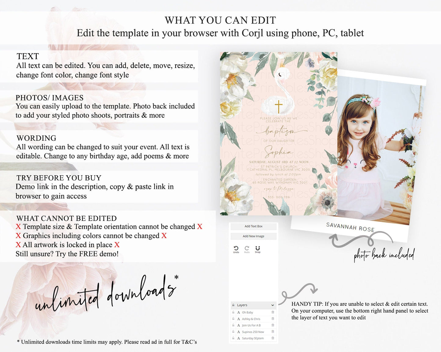 Swan Lake Baptism Invitation Swan Princess Ballet Baptism 1st Birthday Enchanted Forest Secret Garden Watercolour Pastel Floral D10115