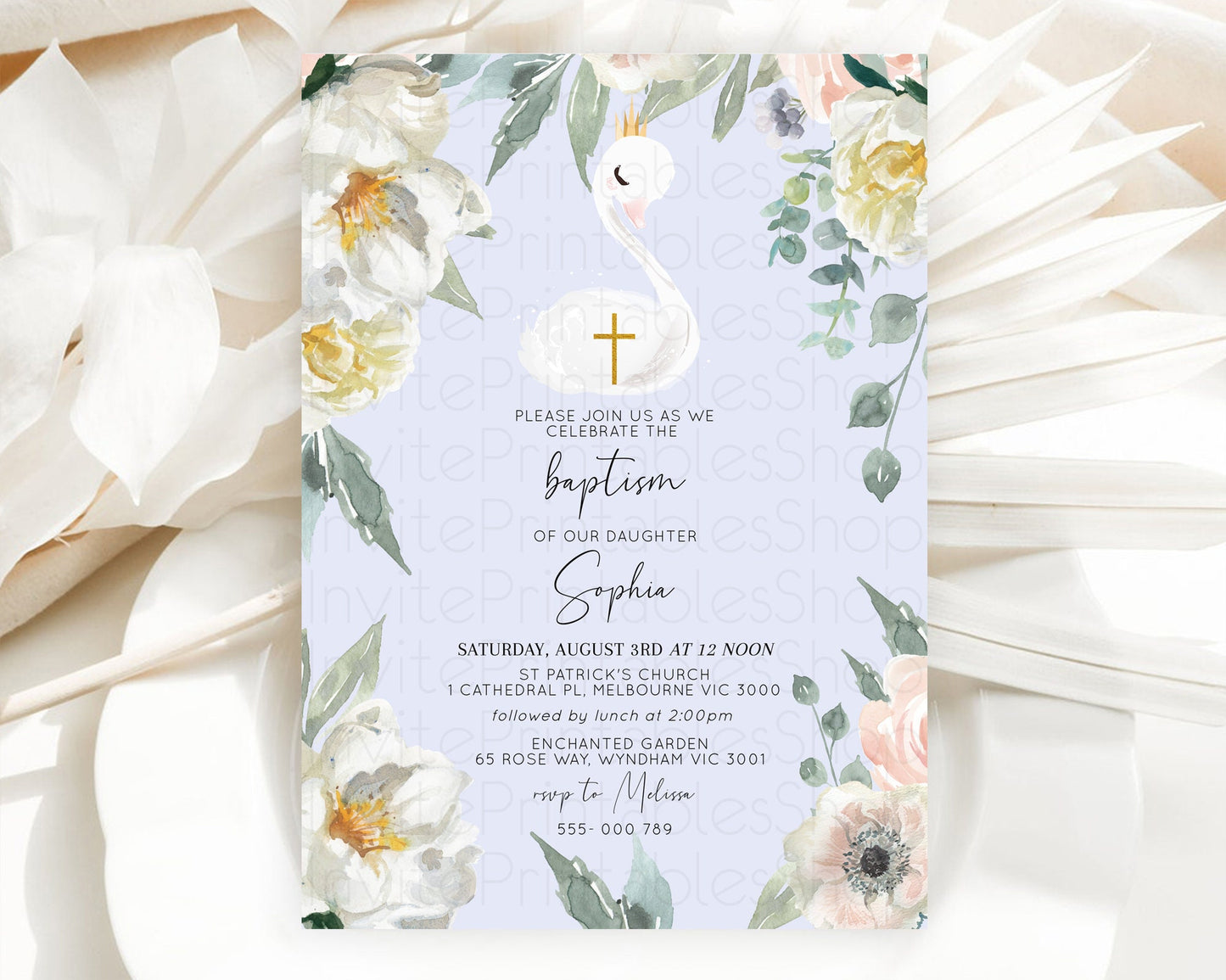 Swan Lake Baptism Invitation Swan Princess Ballet Baptism 1st Birthday Enchanted Forest Secret Garden Watercolour Pastel Floral D10756