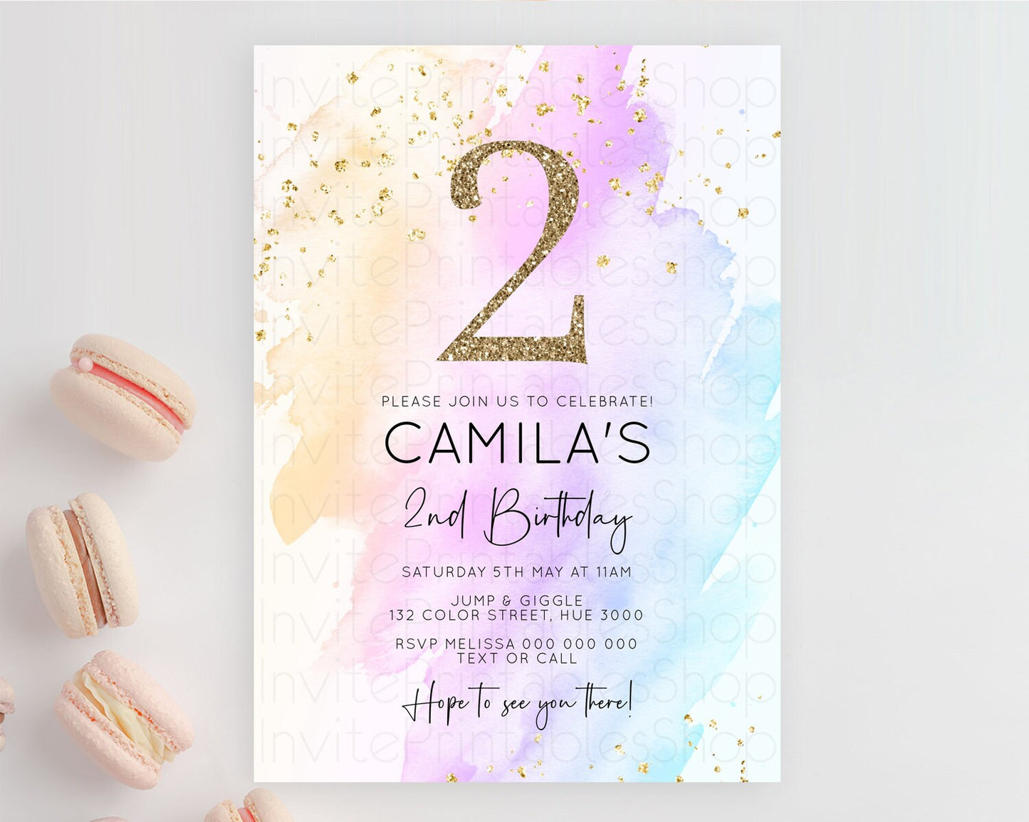 Rainbow Birthday Invitation Colorful Pastel Watercolor Invitation Gold Glitter Sprinkles Ombre Pastel 1st 2nd 3rd Birthday D10177