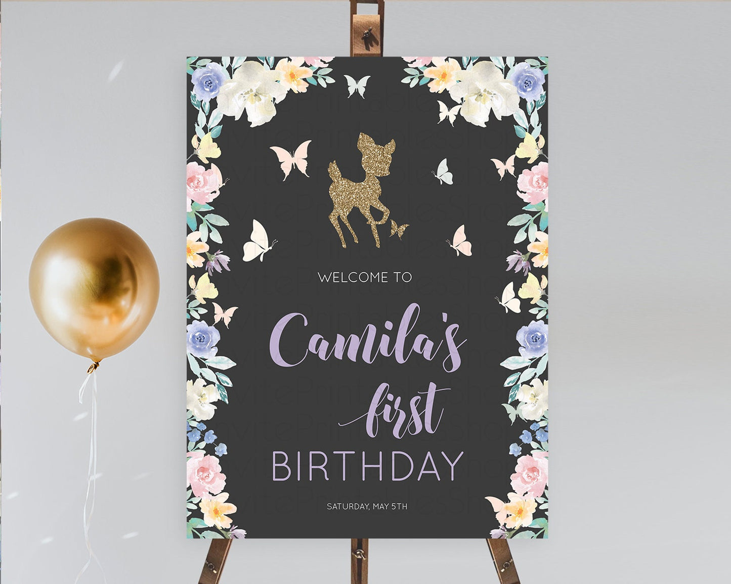 Fawn Welcome Sign Deer Welcome Board Floral Deer Welcome Poster Enchanted Forest Butterfly Pastel Floral First Birthday Welcome Sign D10880