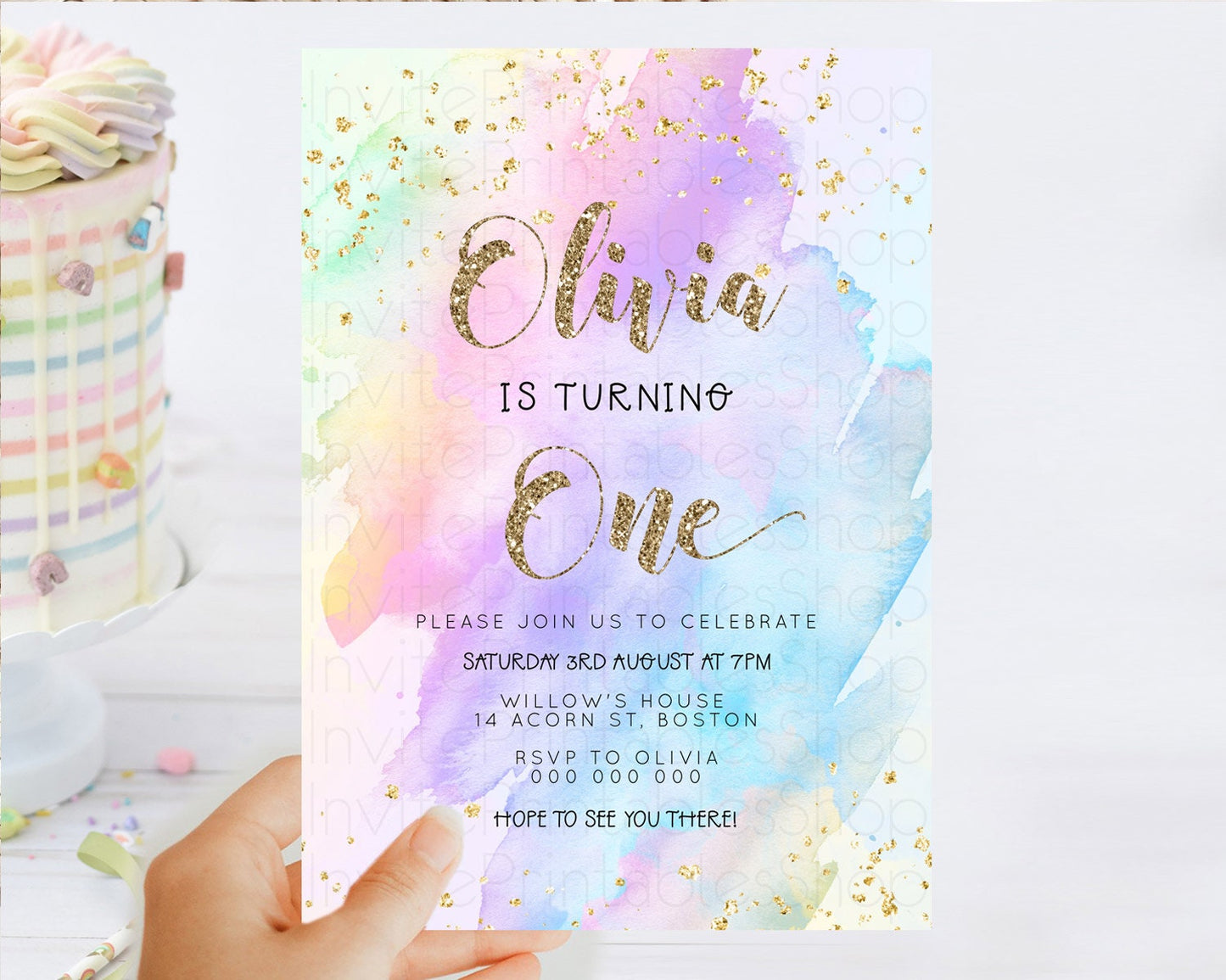 Rainbow Birthday Invitation Colorful Pastel Watercolor Invitation Gold Glitter Sprinkles Ombre Pastel 1st 2nd 3rd Birthday D23295