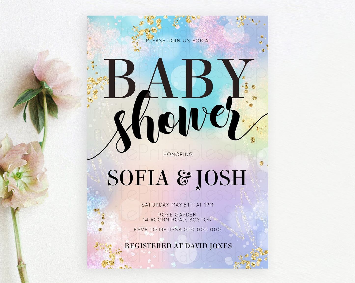 Pastel Baby Shower Invitation Rainbow Baby Shower Invitation Colorful Pastel Watercolor Invitation Gold Glitter Sprinkles Ombre D10677