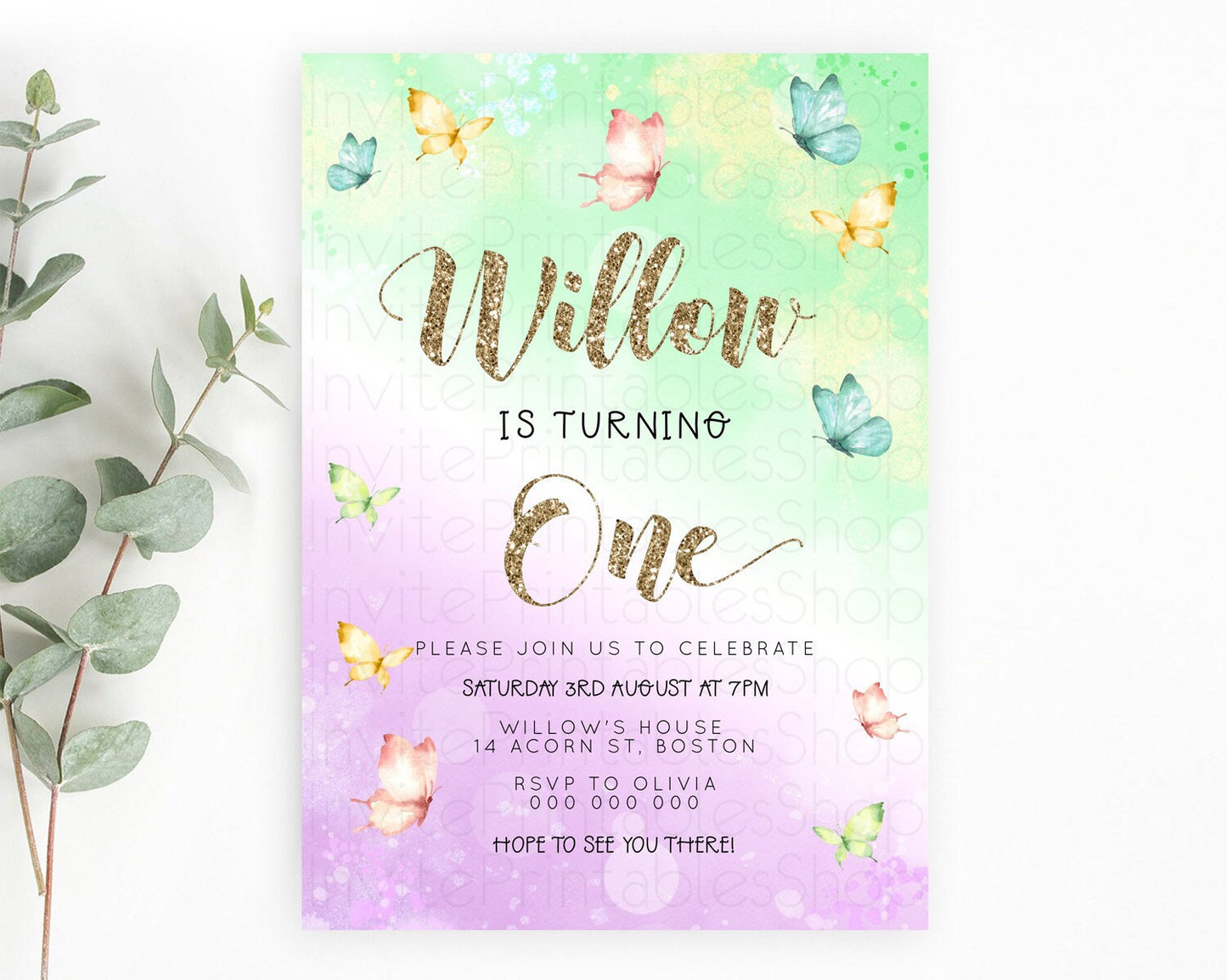 Pastel Butterfly Birthday Invitation Butterfly Birthday Invitation Colorful Splash Glitter Butterfly Garden 1st 2nd Birthday D23085