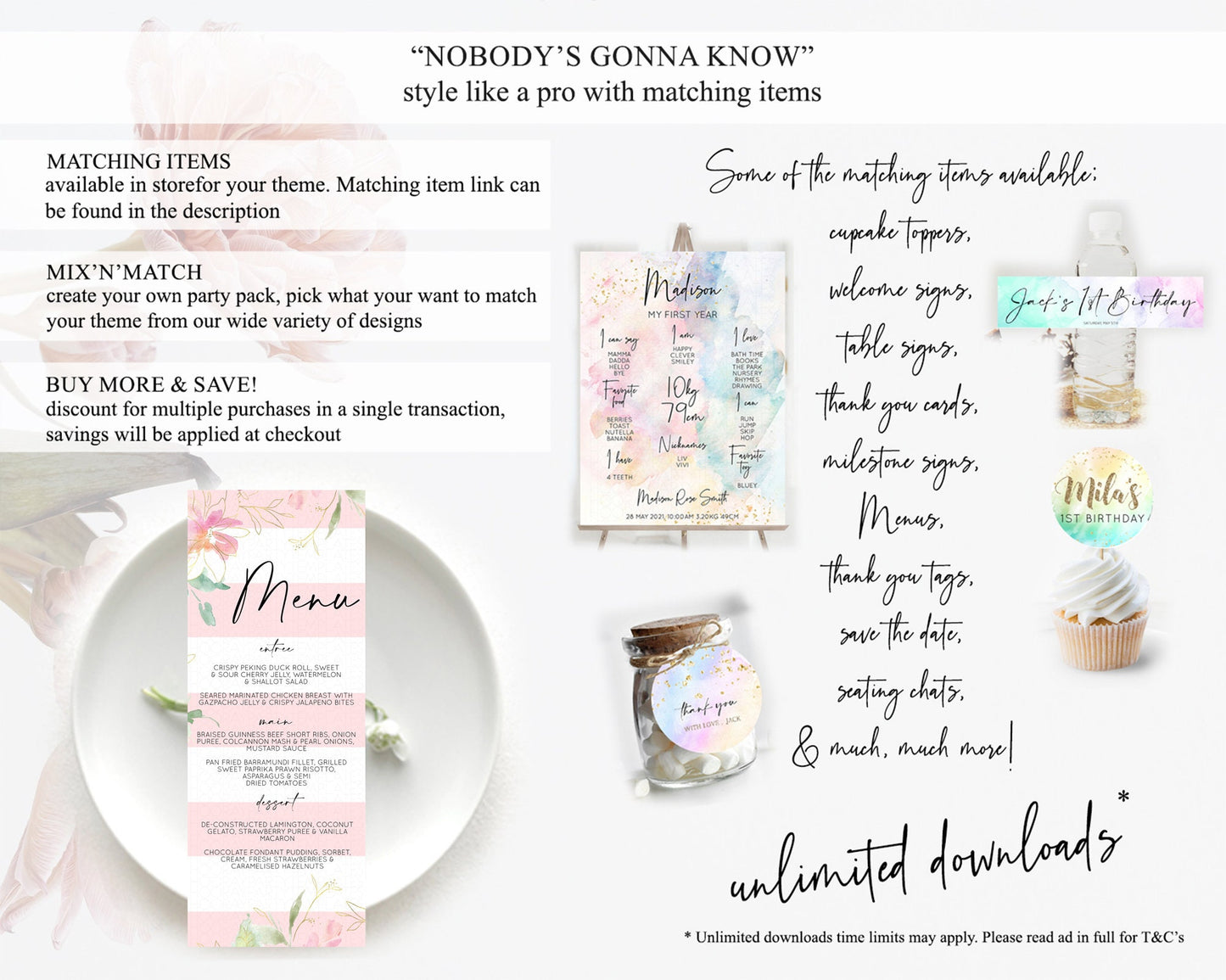 Secret Garden Menu Wildflower Menu Template Pastel Flower Garden Table Decor Boho Floral Dinner Dessert Floral Party Food Menu D10301