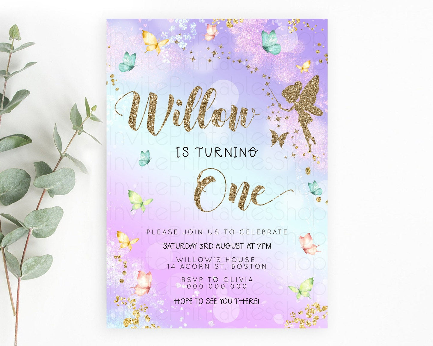 Pastel Fairy Birthday Invitation Pastel Butterflies Fairy Birthday Invitation Rainbow Ombre Watercolor 1st 2nd Birthday Invitation D23166