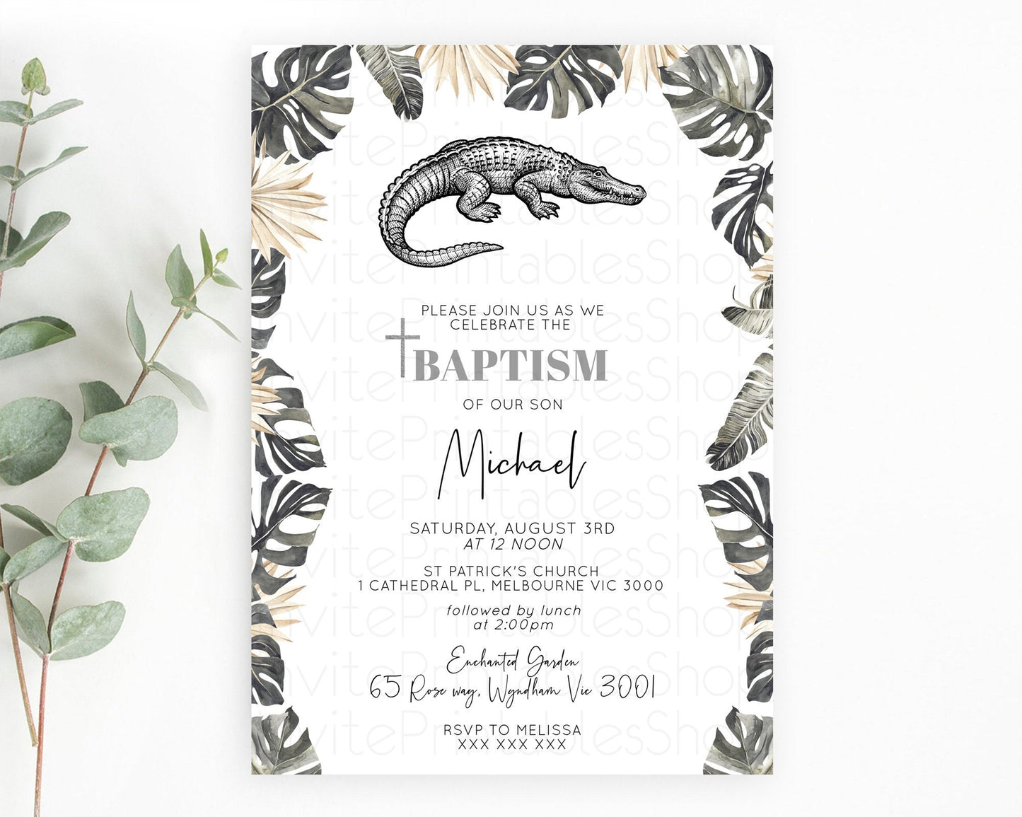 Crocodile Baptism Invitation Alligator Baptism 1st Birthday Invitation Later Alligator Swamp Safari Crocodile Christening Invitation D10830