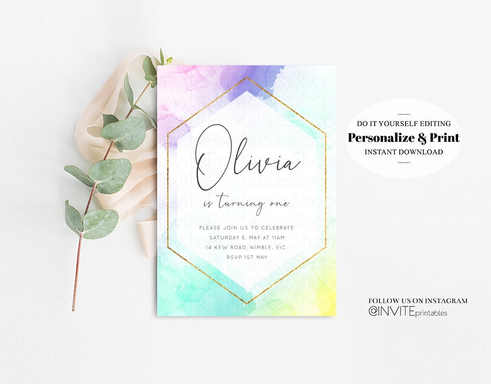 Pastel Rainbow Birthday Invitation Colorful Watercolor Splash Ombre Ink Paint Gold Foil Purple Pink Blue Custom Printable