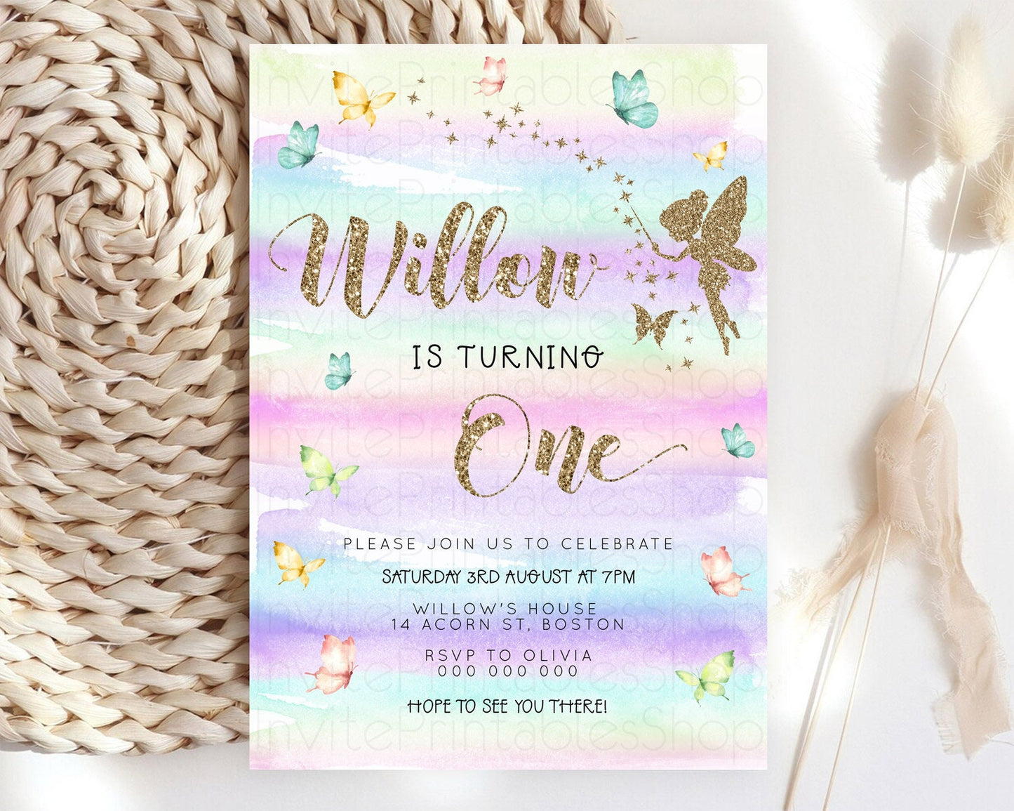 Pastel Fairy Birthday Invitation Pastel Butterflies Fairy Birthday Invitation Rainbow Ombre Watercolor 1st 2nd Birthday Invitation D23310