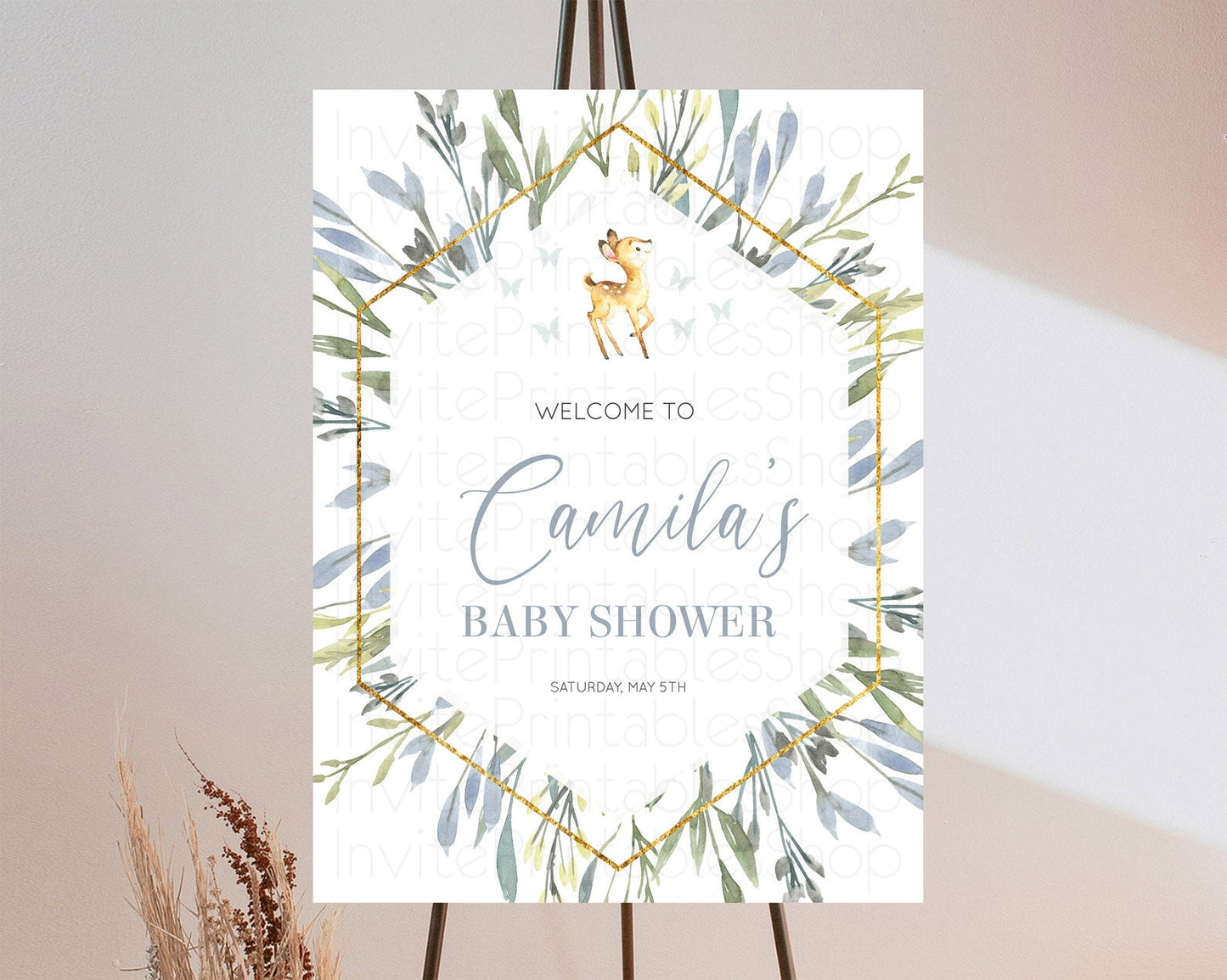 Fawn Baby Shower Welcome Sign Deer Welcome Board Floral Deer Welcome Poster Enchanted Forest Butterfly Pastel Floral Welcome Sign D10400