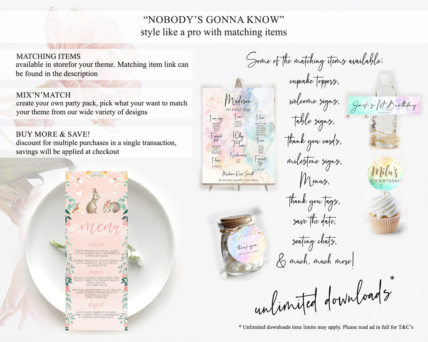 Bunny Menu Floral Bunny Menu Template Pastel Flowers Bunny Table Decor Secret Garden Bunny Dinner Dessert Menu Party Food Menu D10922