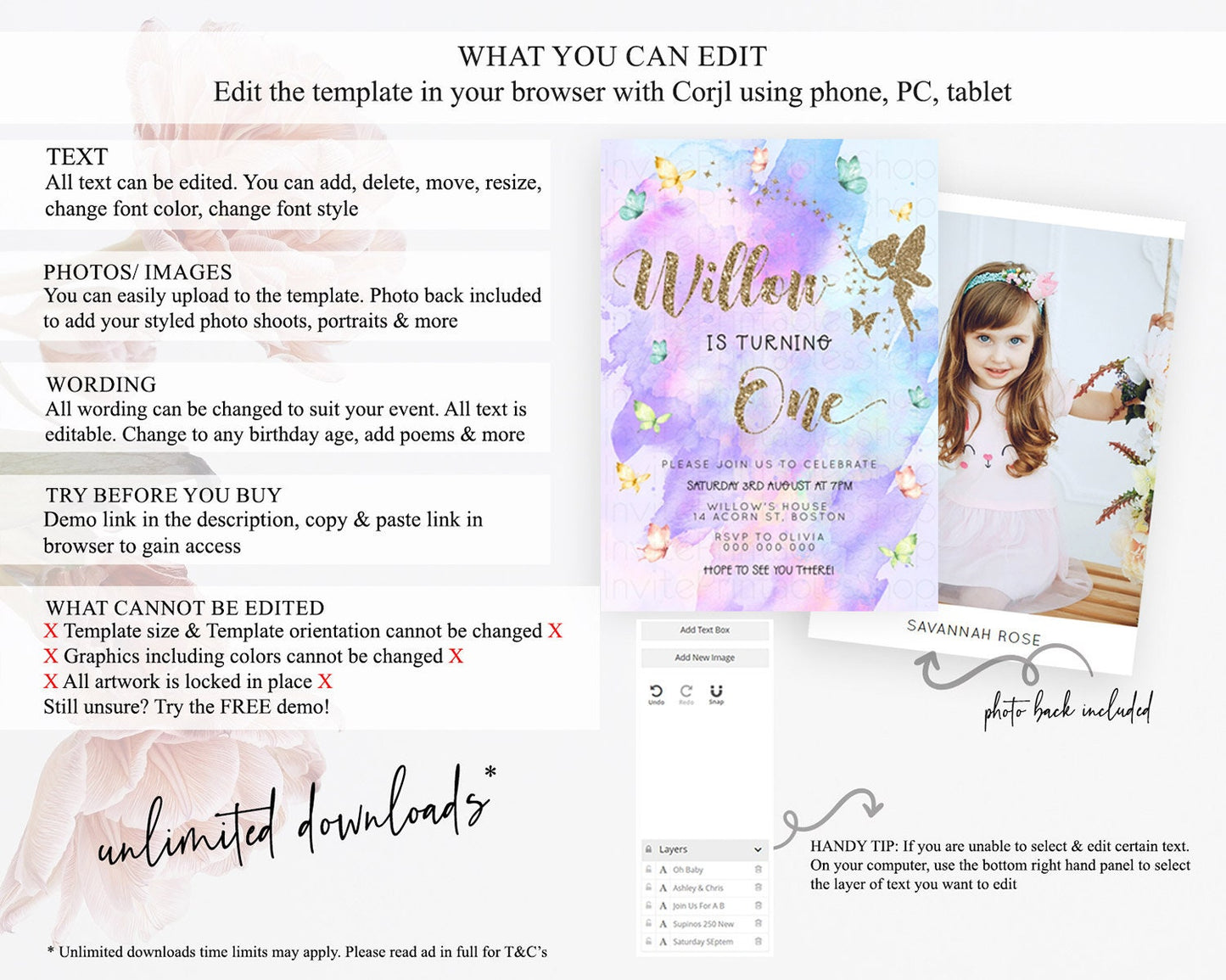 Pastel Fairy Birthday Invitation Pastel Butterflies Fairy Birthday Invitation Rainbow Ombre Watercolor 1st 2nd Birthday Invitation D23343