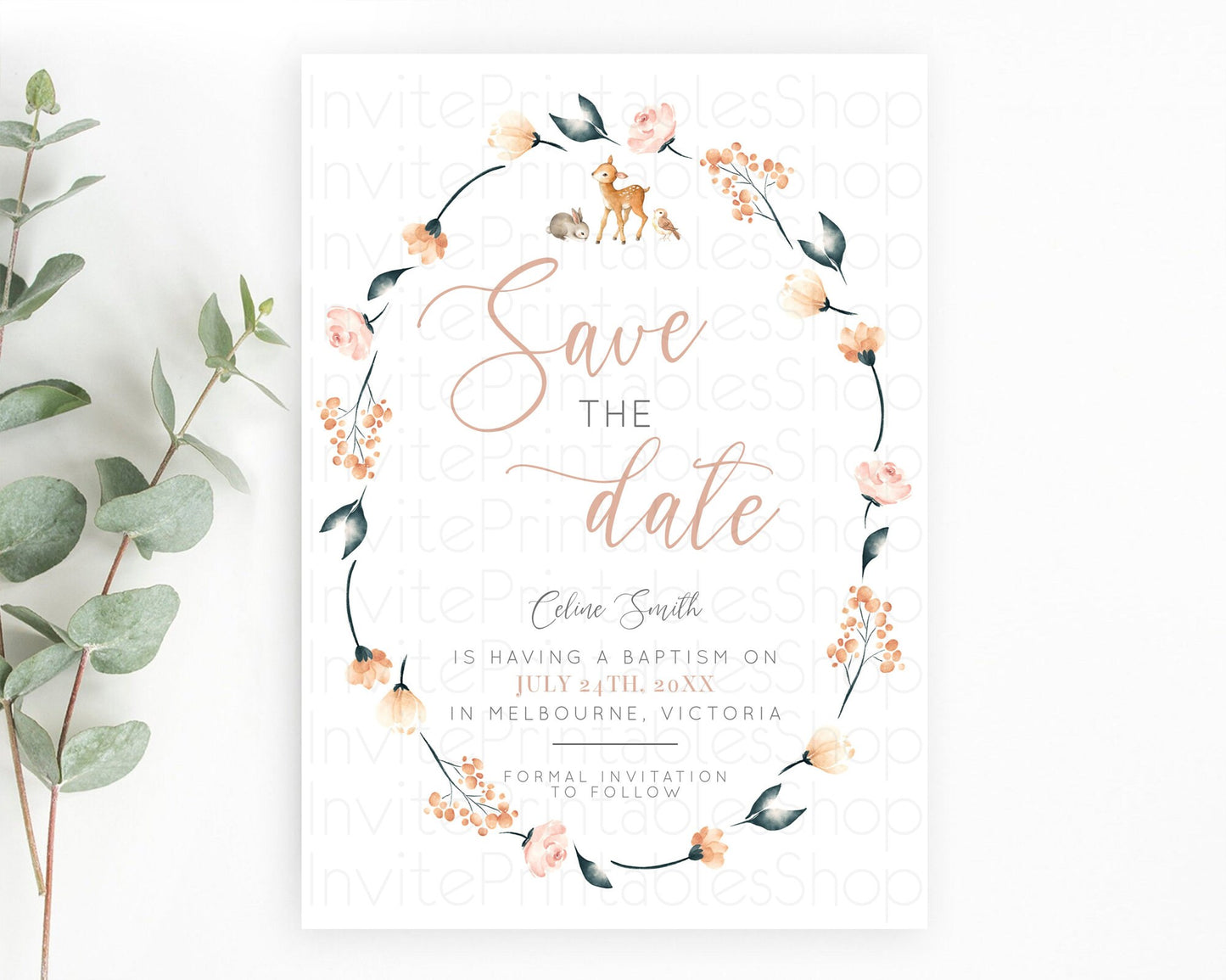 Fawn Deer Save The Date Template Pastel Floral Deer Enchanted Forest Butterfly Party 1st Birthday Baptism Baby Shower Bridal Shower D10240