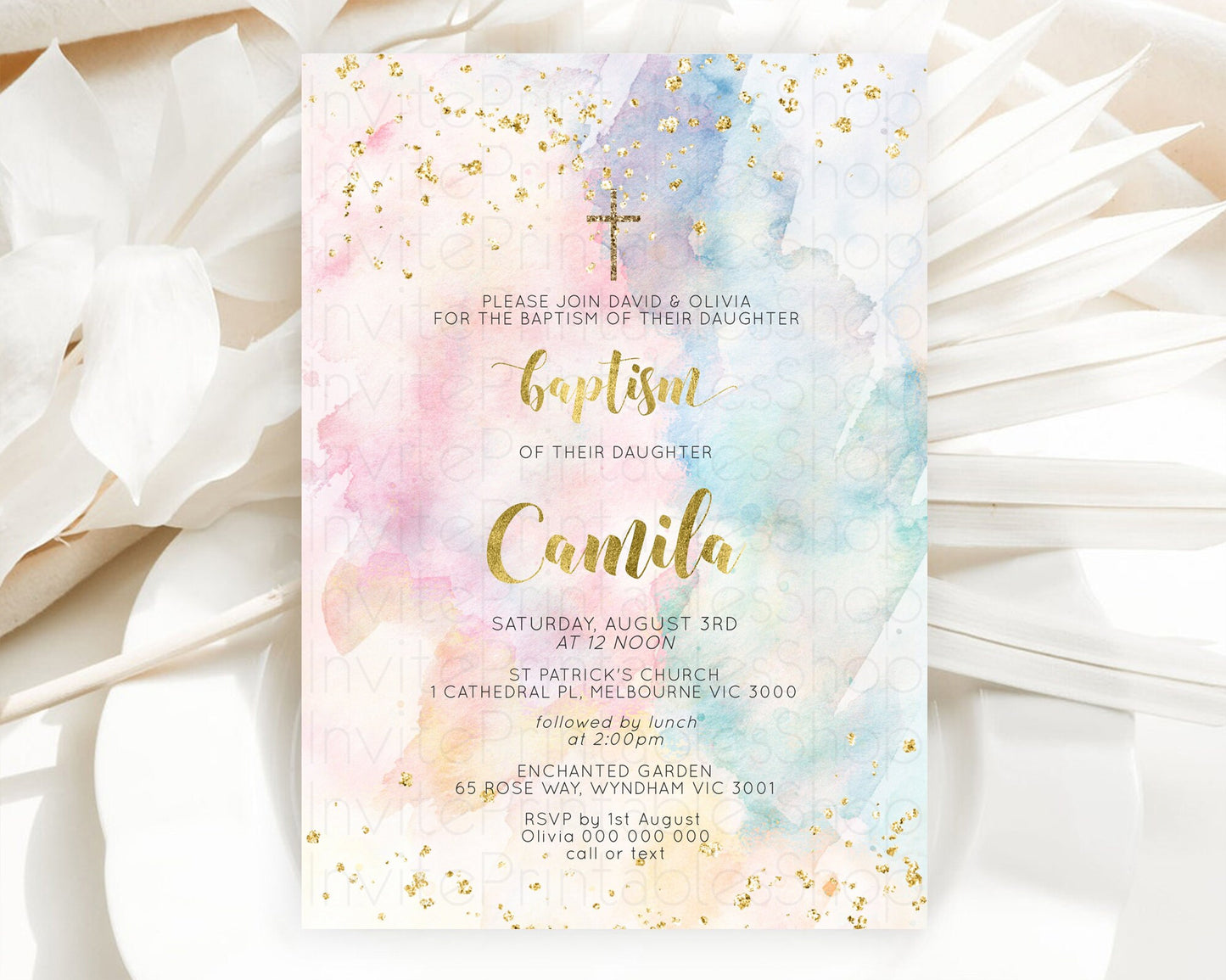 Pastel Baptism Invitation Pastel Colors Watercolor Baptism 1st Birthday Party Gold Ombre Pastel Rainbow Christening Holy Communion D10265