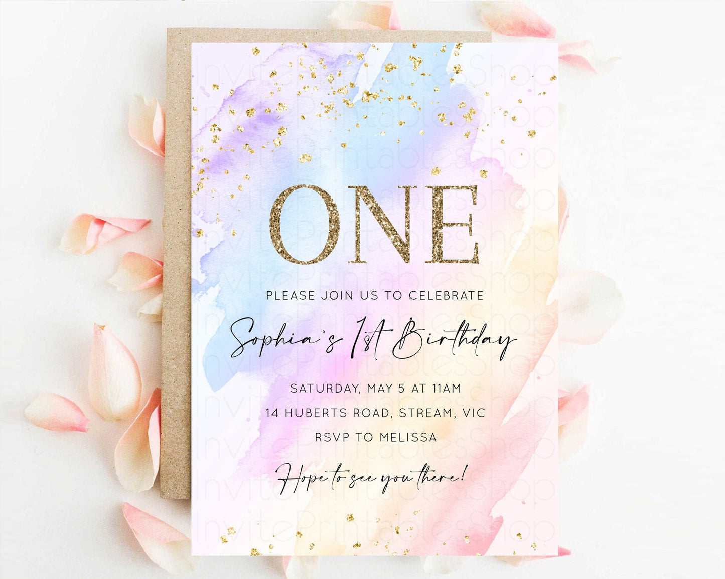 Rainbow Birthday Invitation Glitter Pastel Invitation Colorful Watercolor Gold Foil Splatter Sprinkle Ombre 1st 2nd 3rd Birthday Invite t600