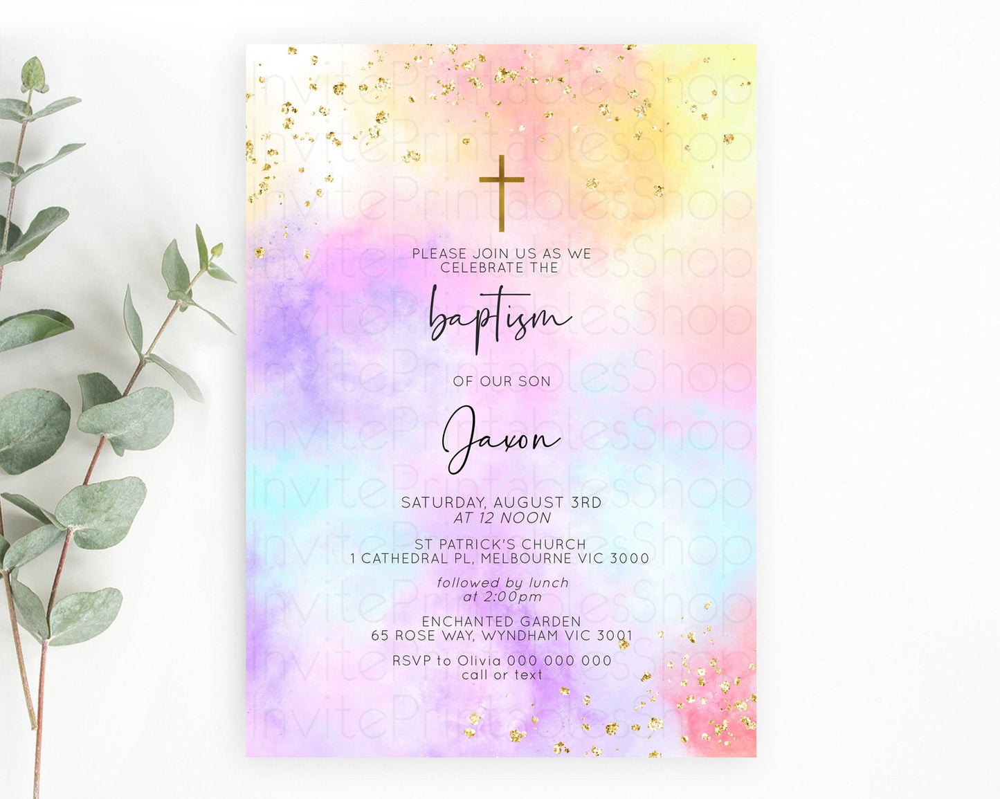 Pastel Baptism Invitation Pastel Colors Watercolor Baptism 1st Birthday Party Gold Ombre Pastel Rainbow Christening Holy Communion D10438