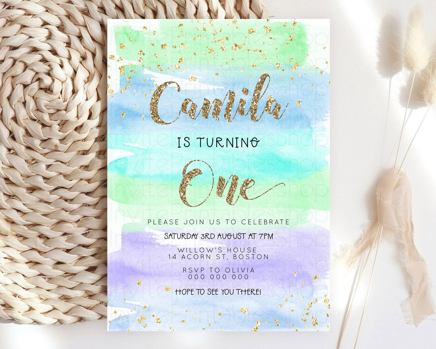 Rainbow Birthday Invitation Colorful Pastel Watercolor Invitation Gold Glitter Sprinkles Ombre Pastel 1st 2nd 3rd Birthday D23274