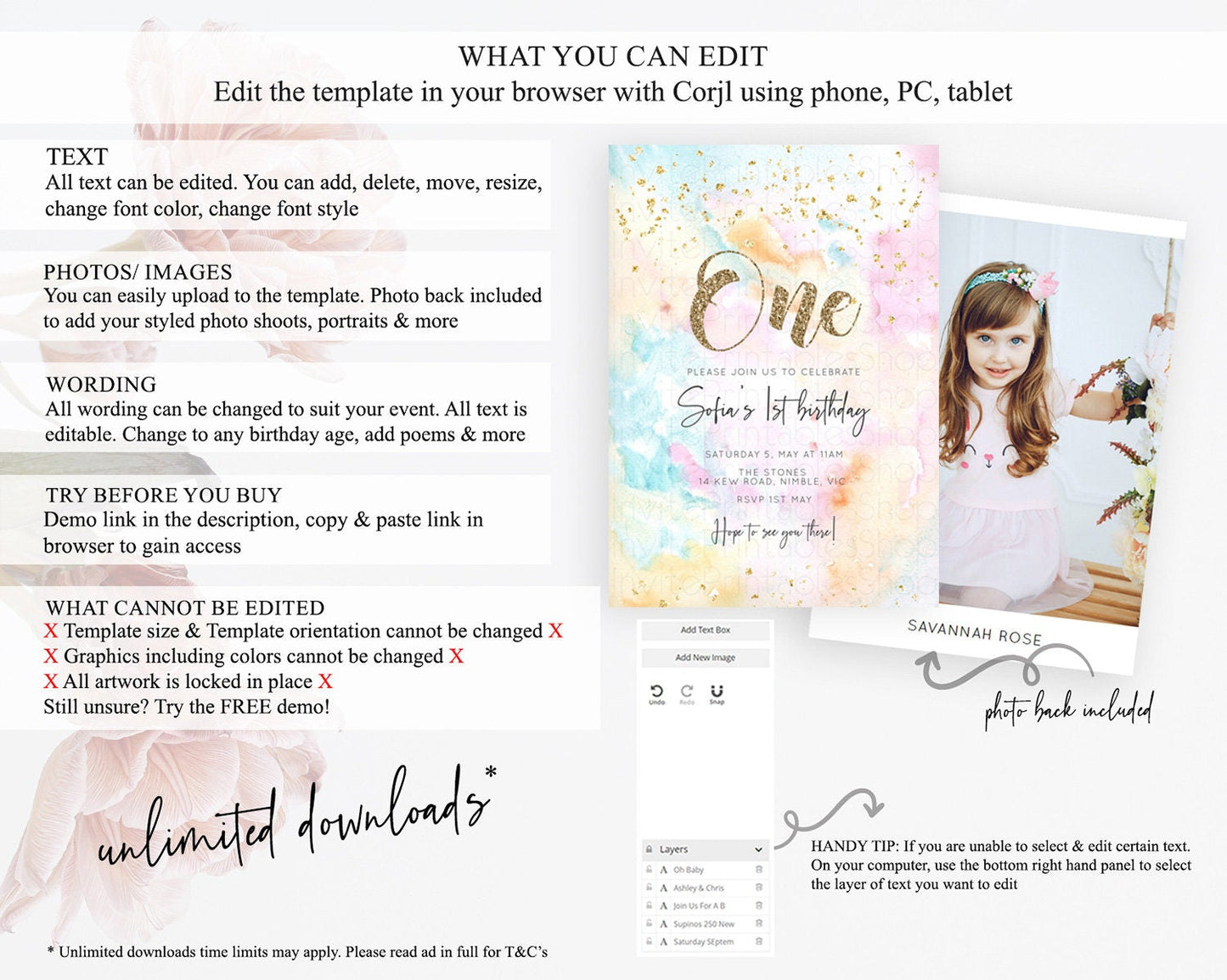 Rainbow Birthday Invitation Colorful Pastel Watercolor Invitation Gold Glitter Sprinkles Ombre Pastel 1st 2nd 3rd Birthday D10548