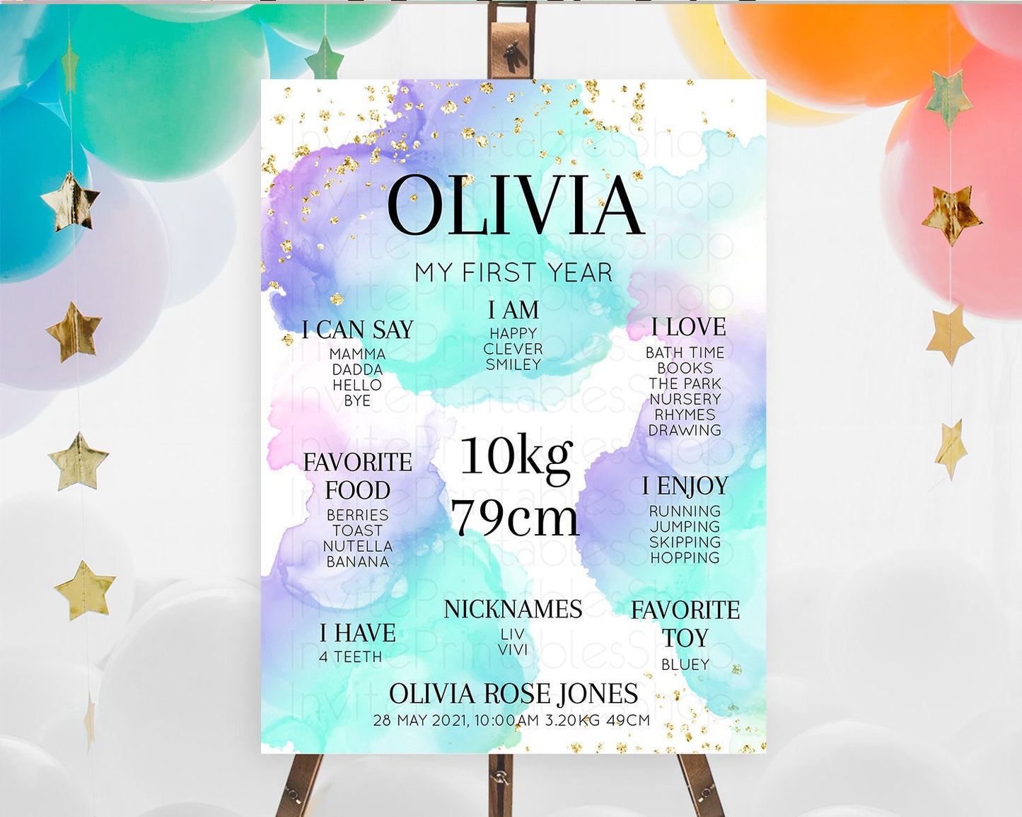 Pastel First Birthday Milestone Board Pastel Rainbow Milestone Poster Colorful Confetti Watercolor Glitter 1st Birthday Welcome Sign D10212