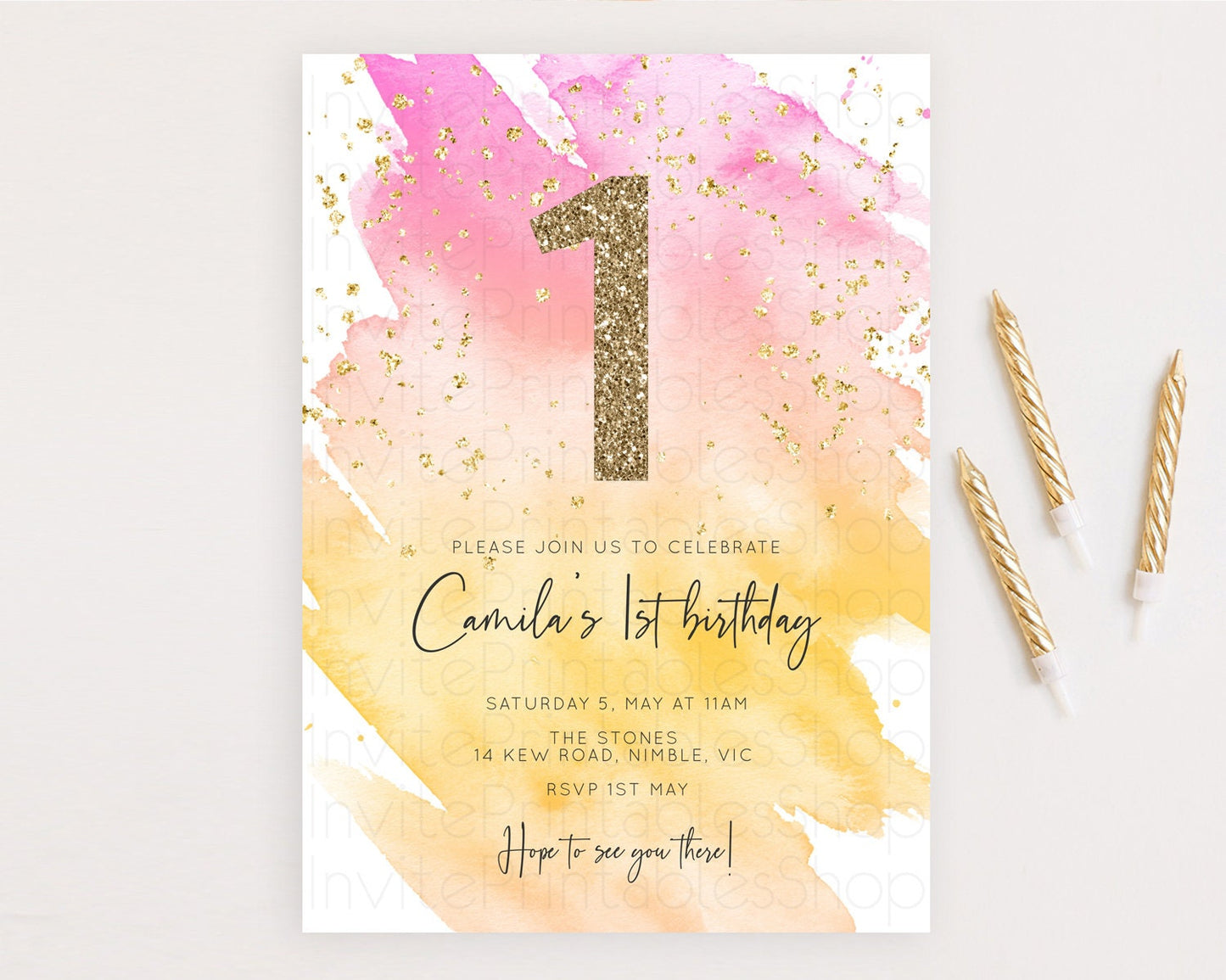 Rainbow Birthday Invitation Colorful Pastel Watercolor Invitation Gold Glitter Sprinkles Ombre Pastel 1st 2nd 3rd Birthday D10527