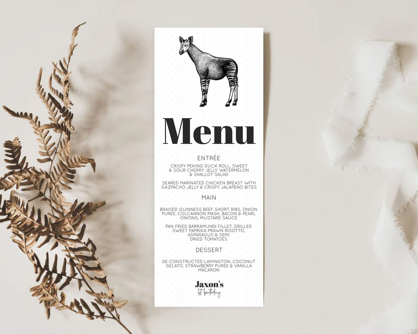 Okapi Menu Okapi Menu Template Okapi Table Decor Zoo Safari Adventure Décor Okapi Dinner Dessert Party Food Menu D10283