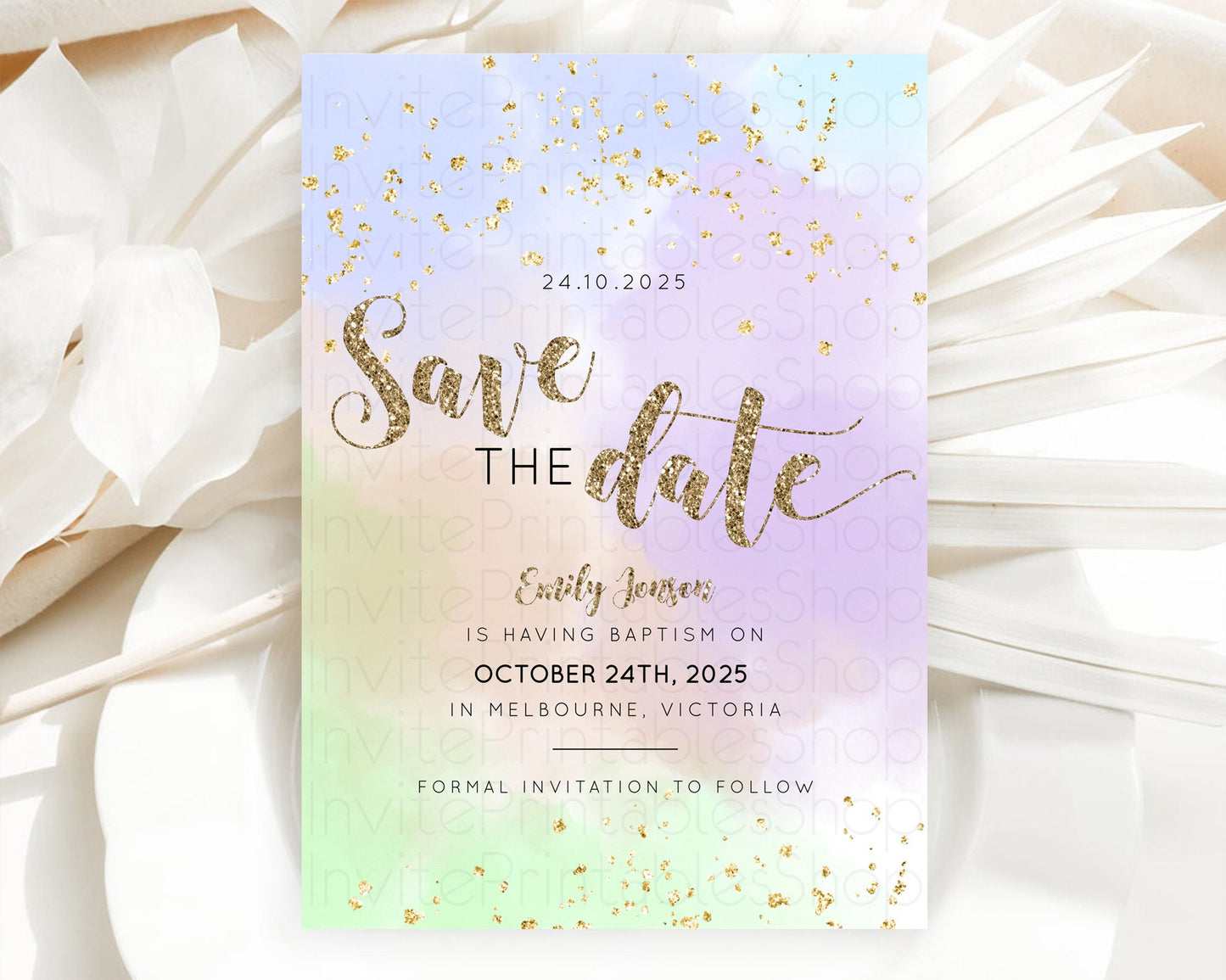 Pastel Save The Date Template Pastel Ombre Rainbow Watercolor Colorful Party For Birthday Baptism Baby Shower Wedding Bridal Shower D10372