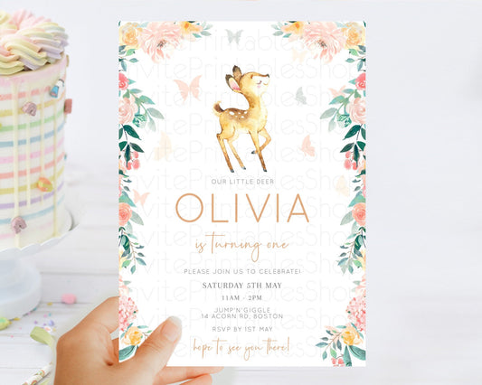 Fawn Birthday Invitation Deer Birthday Invitation Enchanted Forest Party Butterfly Pastel Flowers Whimsical 2nd 1st First Birthday D10753