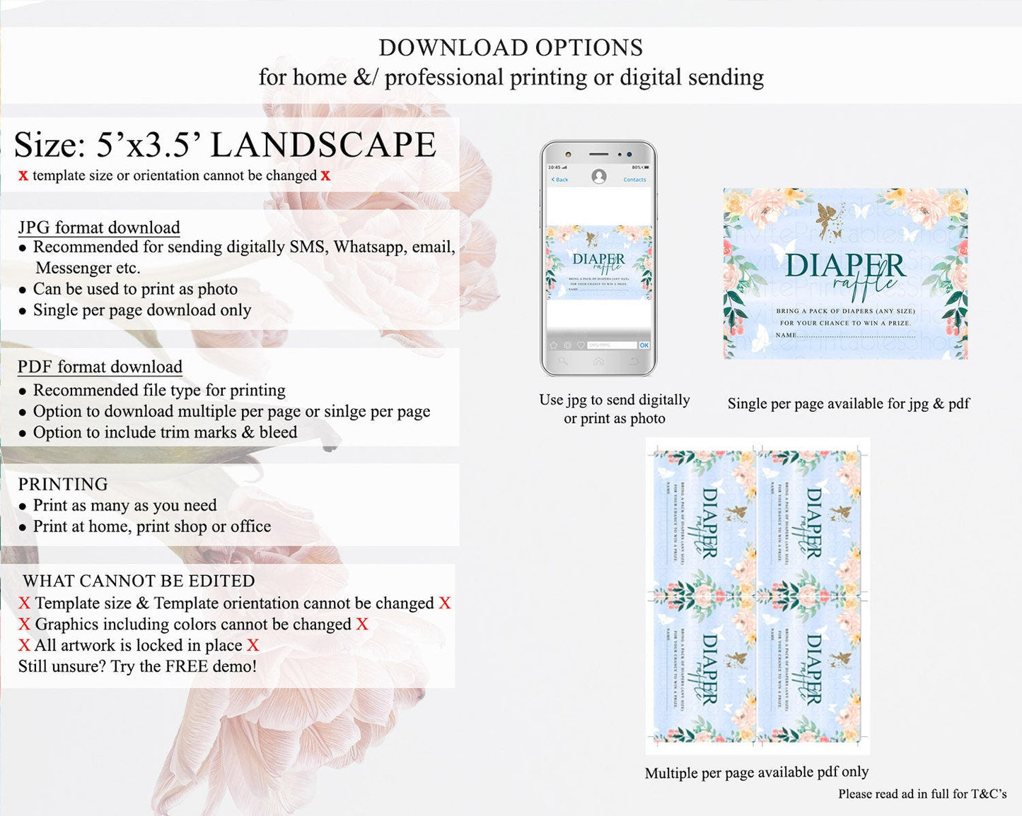 Fairy Diaper Raffle Card Fairy Diaper Insert Enchanted Garden Fairy Diaper Ticket Pastel Floral Butterfly Secret Garden Raffle Game D10794