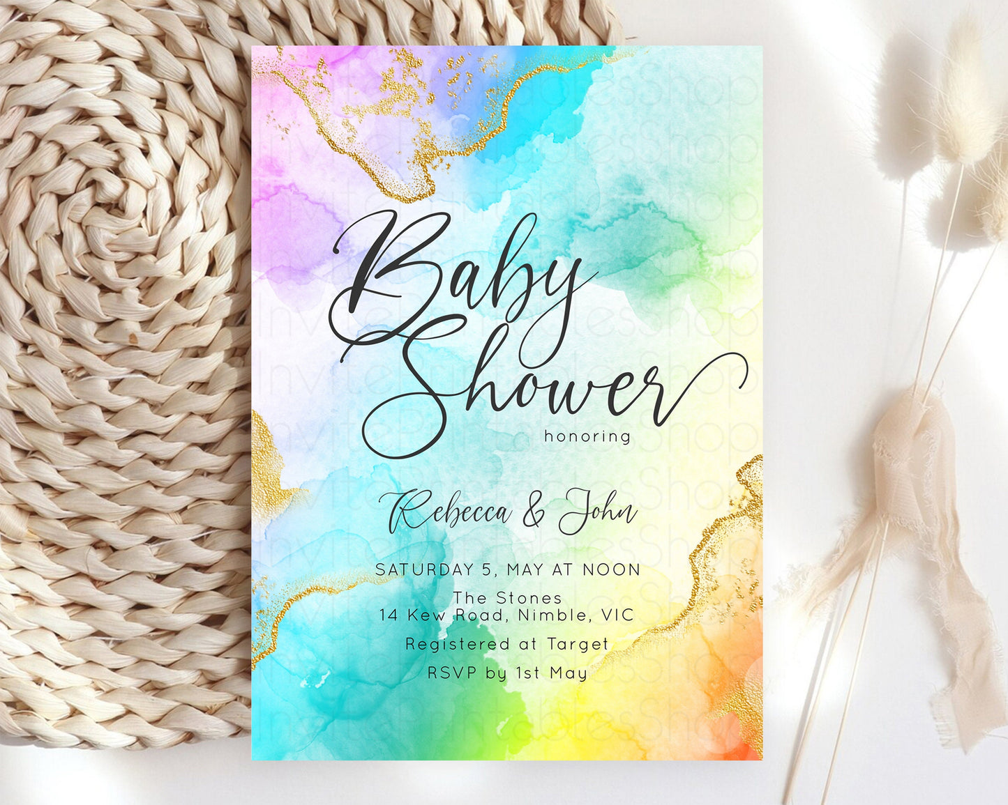 Rainbow Baby Shower Invitation Gold Glitter Splash Ink Pastel Watercolor Colorful Blue Pink Purple Yellow Gender Neutral Editable D10390