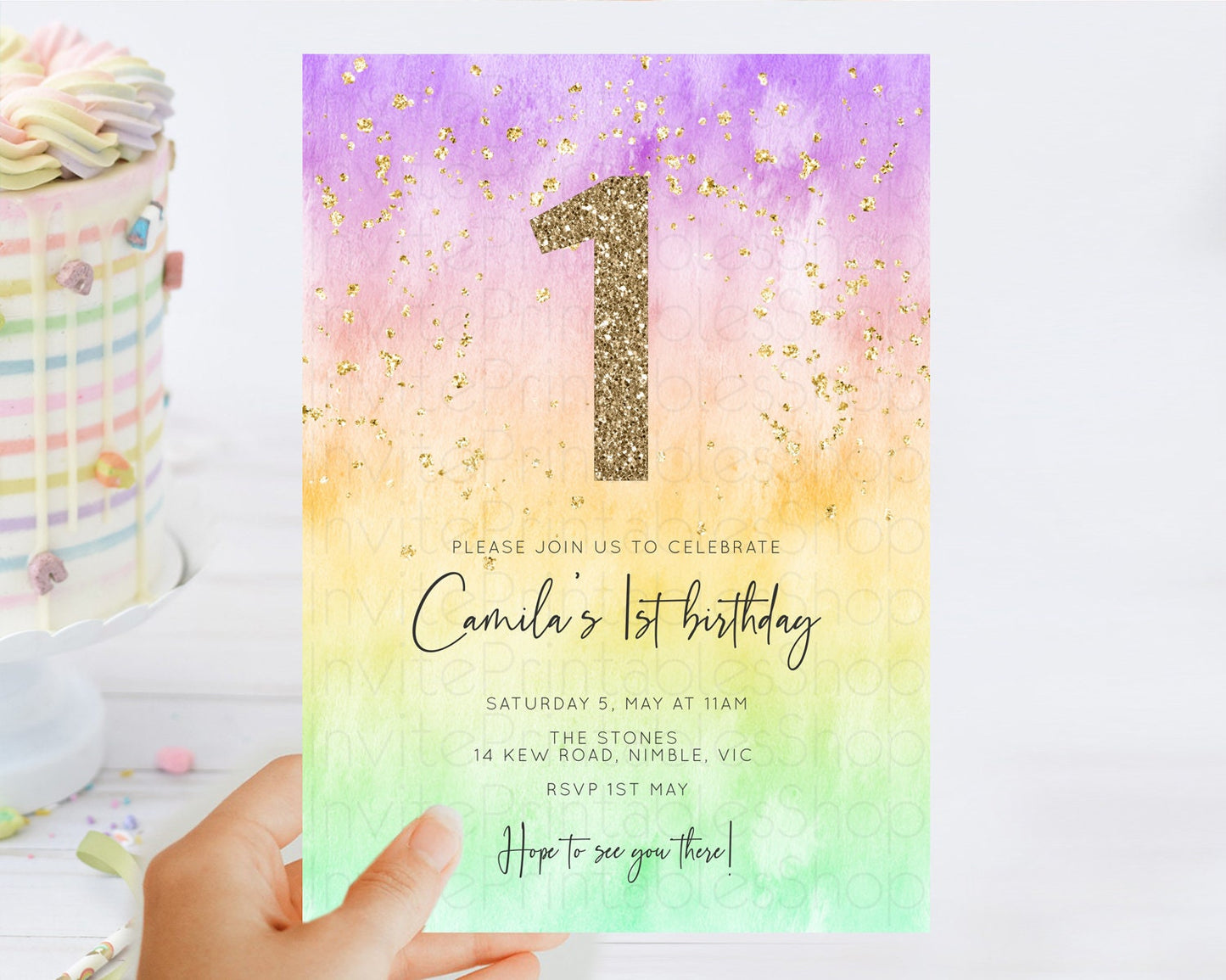 Rainbow Birthday Invitation Colorful Pastel Watercolor Invitation Gold Glitter Sprinkles Ombre Pastel 1st 2nd 3rd Birthday D10514