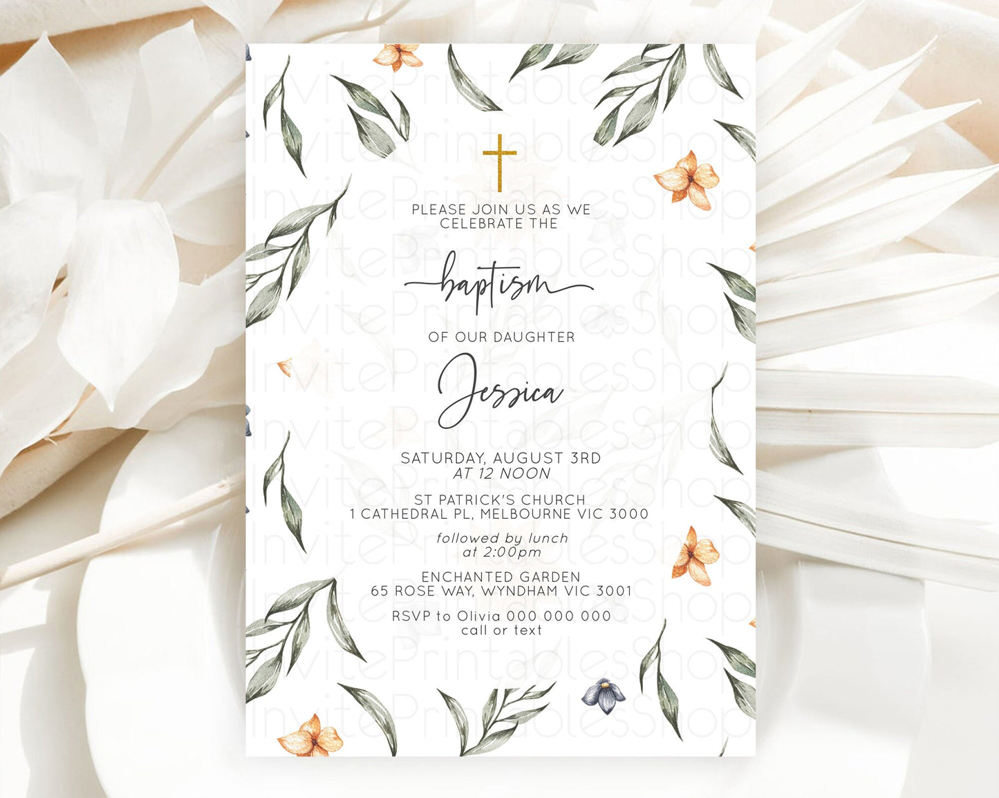 Leafy Baptism Invitation Leafy Simple Greenery Baptism 1st Birthday Invitation Eucalyptus Fern Spray Leaves Green Leaf Watercolour D10544