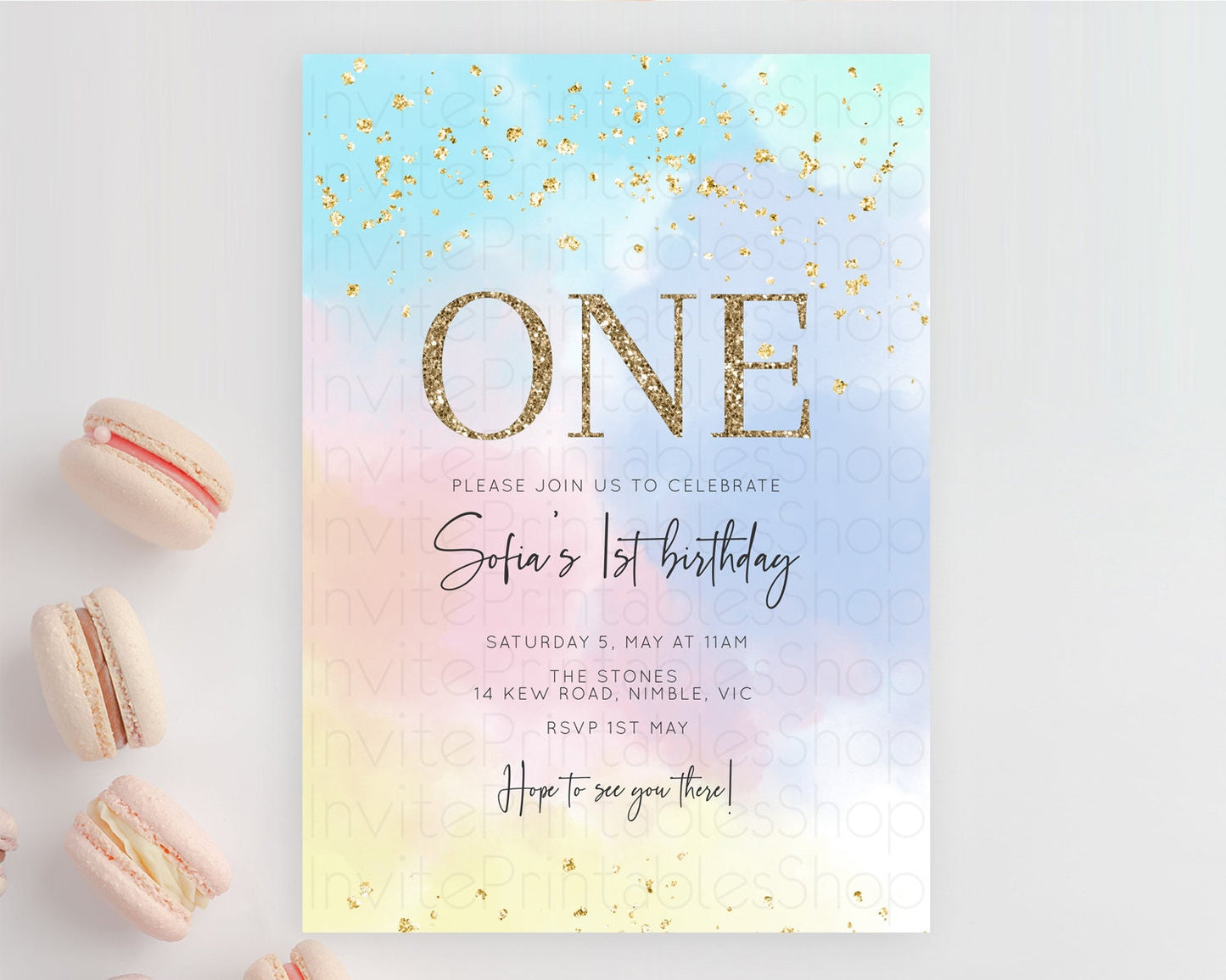 Rainbow Birthday Invitation Colorful Pastel Watercolor Invitation Gold Glitter Sprinkles Ombre Pastel 1st 2nd 3rd Birthday D10368