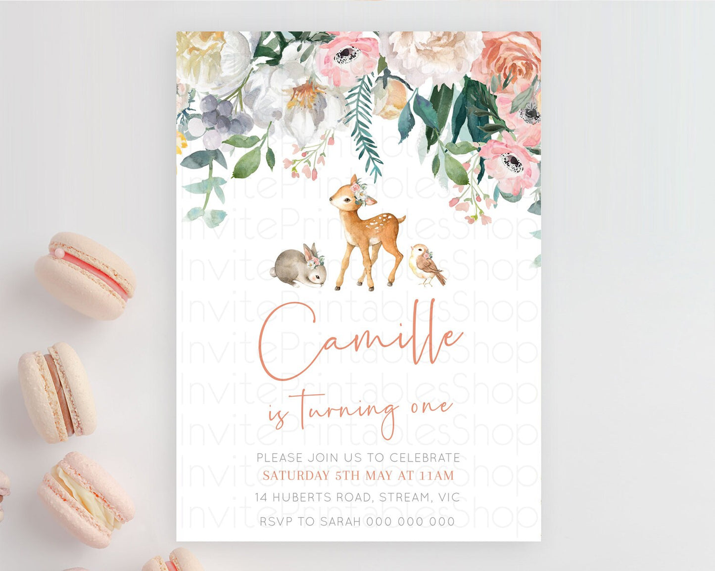 Fawn Birthday Invitation Deer Birthday Invitation Enchanted Forest Party Butterfly Pastel Flowers Whimsical 2nd 1st First Birthday D10733